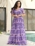 Majestic Purple Floral Printed Georgette Function Wear Gown - Zeel Clothing