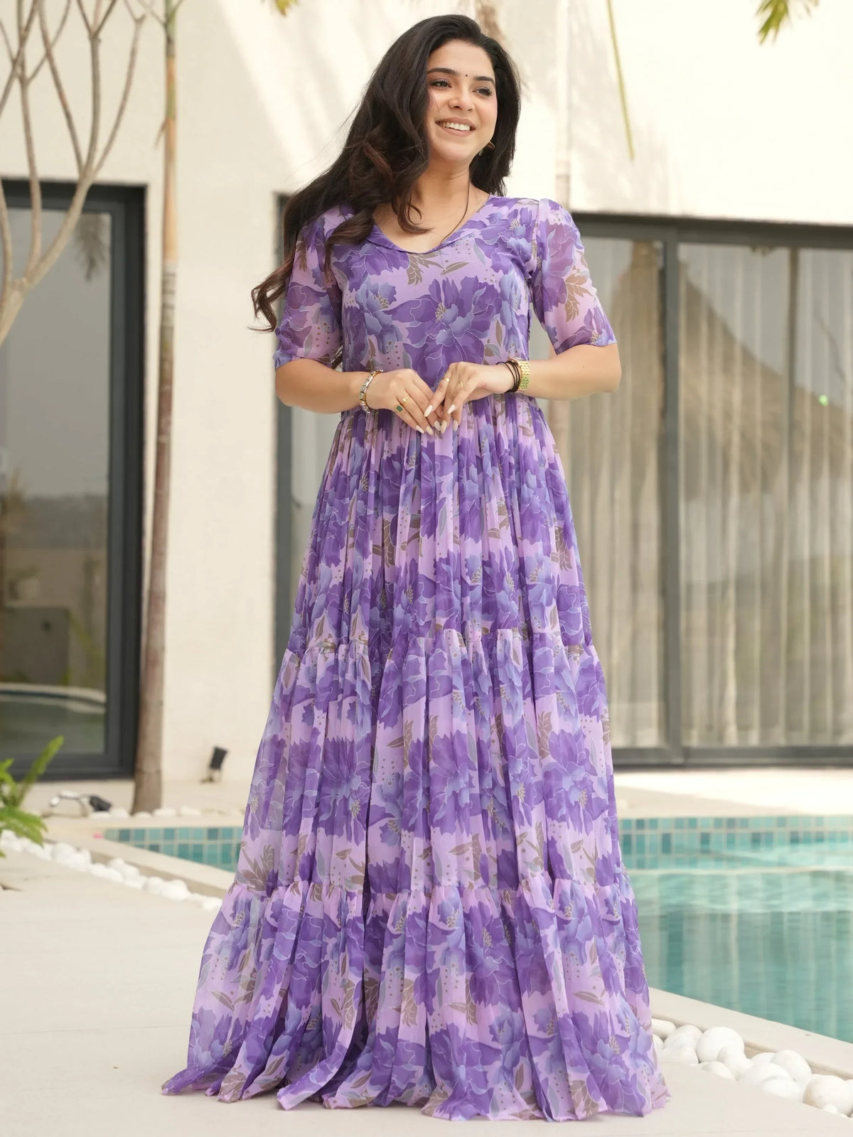 Majestic Purple Floral Printed Georgette Function Wear Gown - Zeel Clothing