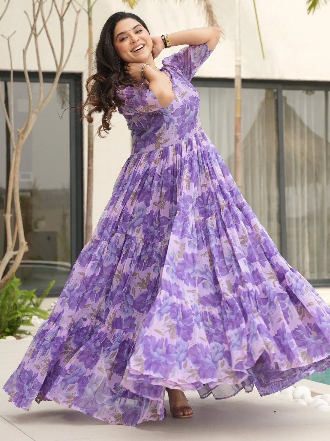 Majestic Purple Floral Printed Georgette Function Wear Gown - Zeel Clothing