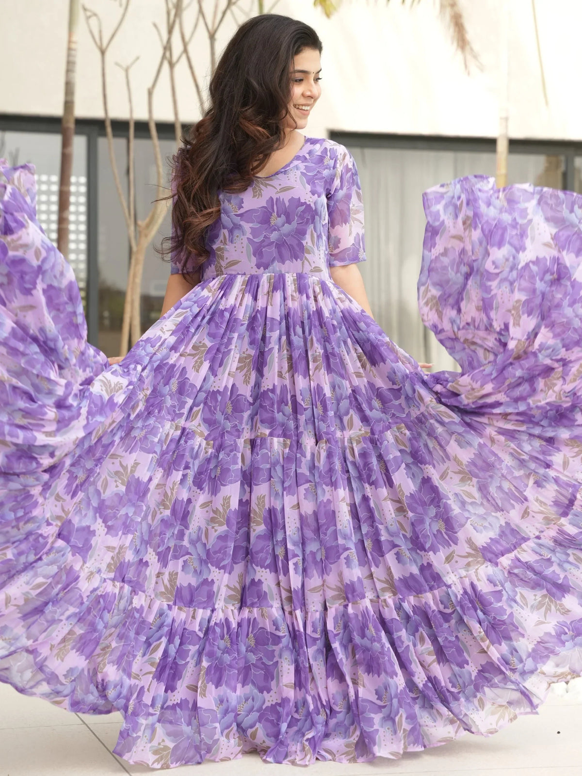 Majestic Purple Floral Printed Georgette Function Wear Gown - Zeel Clothing