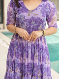 Majestic Purple Floral Printed Georgette Function Wear Gown - Zeel Clothing