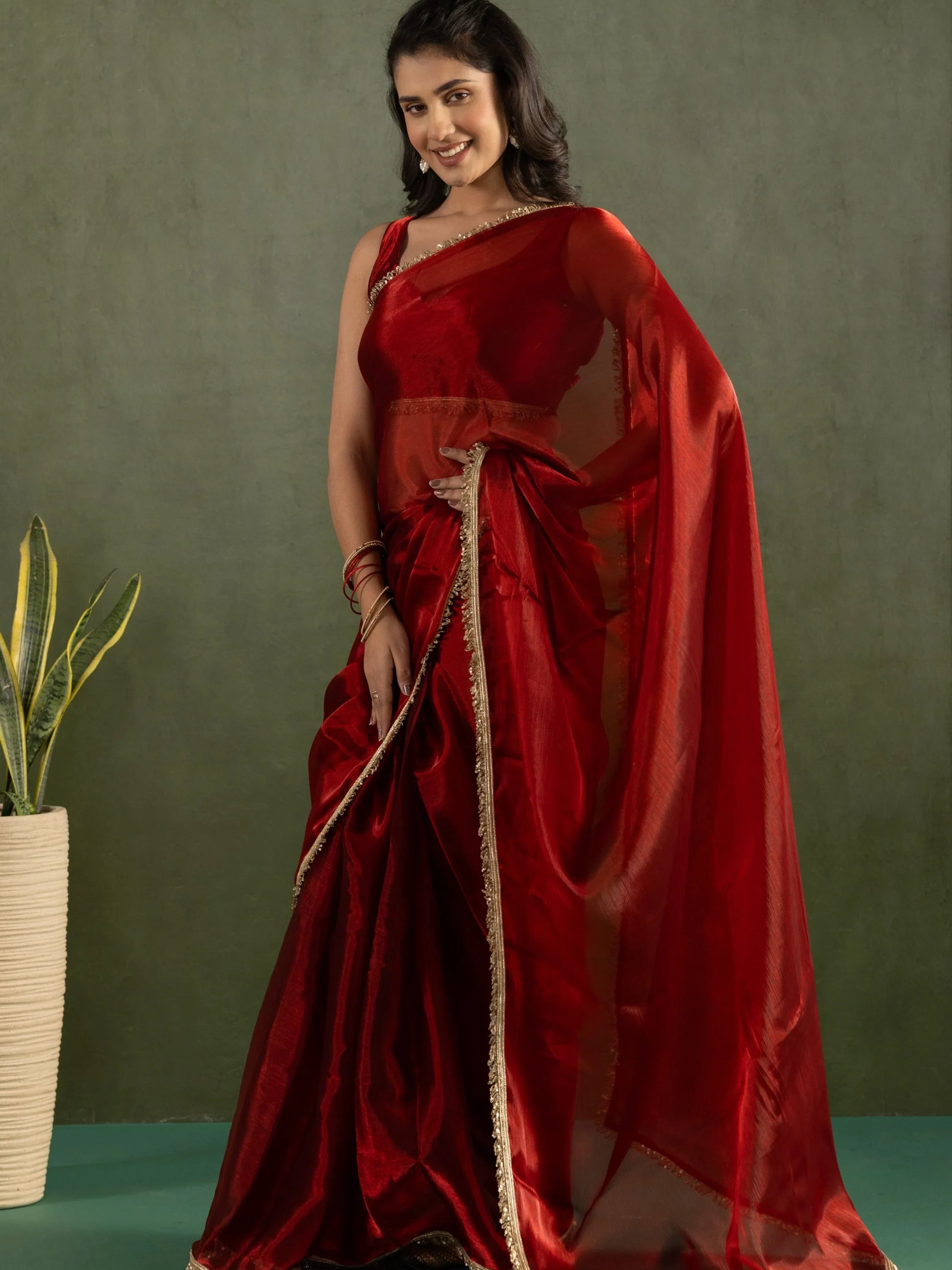 Majestic Red Lace Bordered Chiffon Wedding Ready To Wear Saree - Zeel Clothing