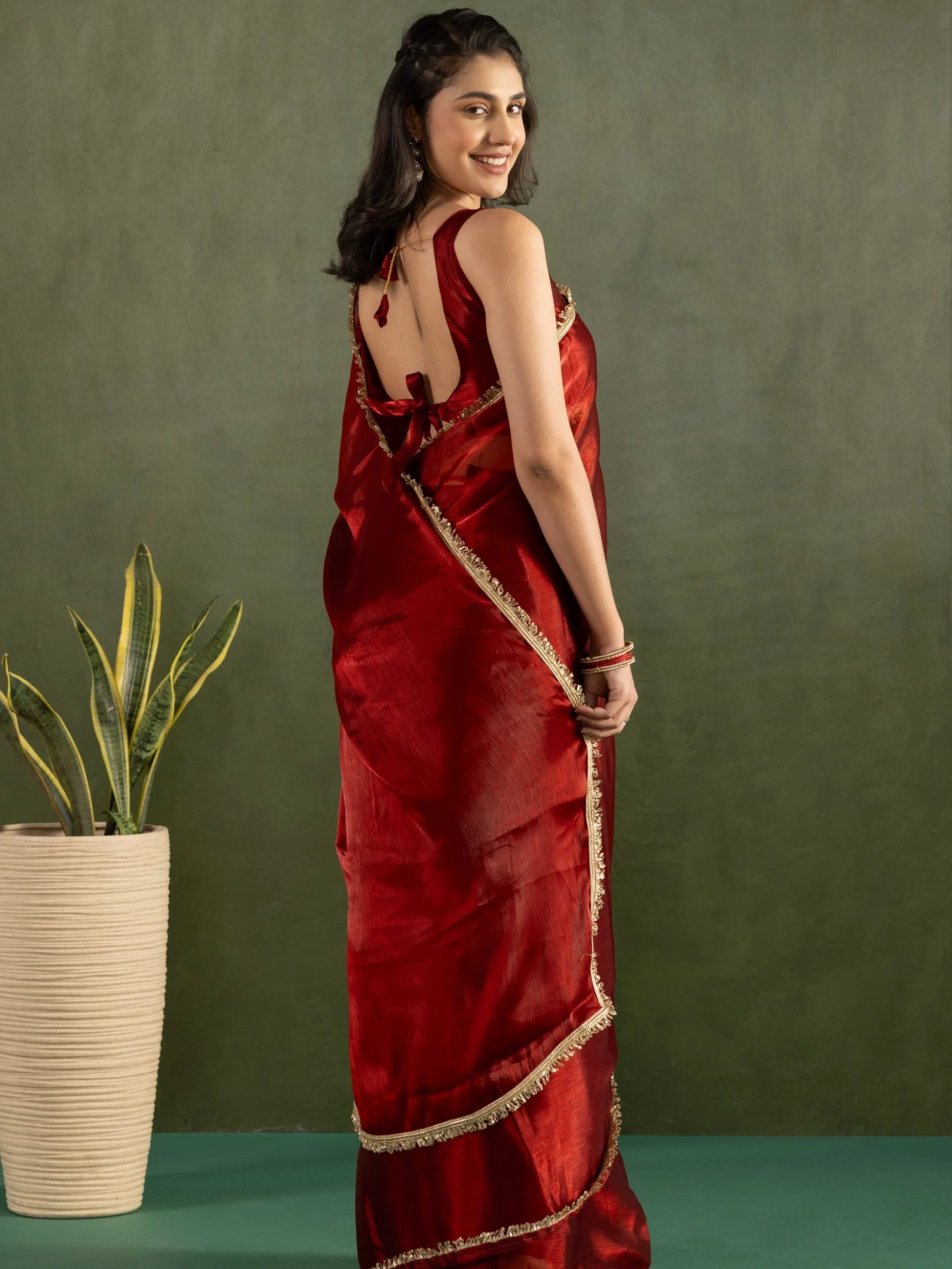 Majestic Red Lace Bordered Chiffon Wedding Ready To Wear Saree - Zeel Clothing