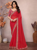 Majestic Red Zari Embroidery Georgette Wedding Wear Saree With Blouse - Zeel Clothing