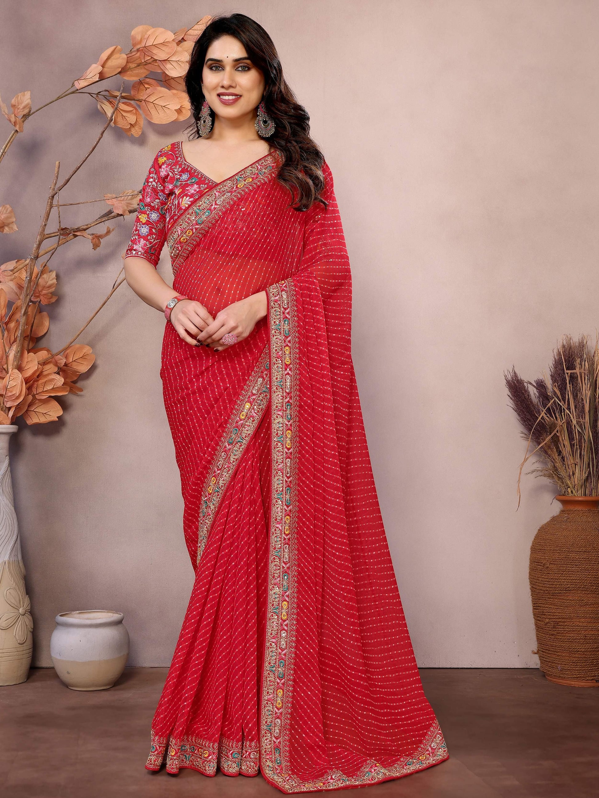 Majestic Red Zari Embroidery Georgette Wedding Wear Saree With Blouse - Zeel Clothing