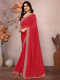 Majestic Red Zari Embroidery Georgette Wedding Wear Saree With Blouse - Zeel Clothing