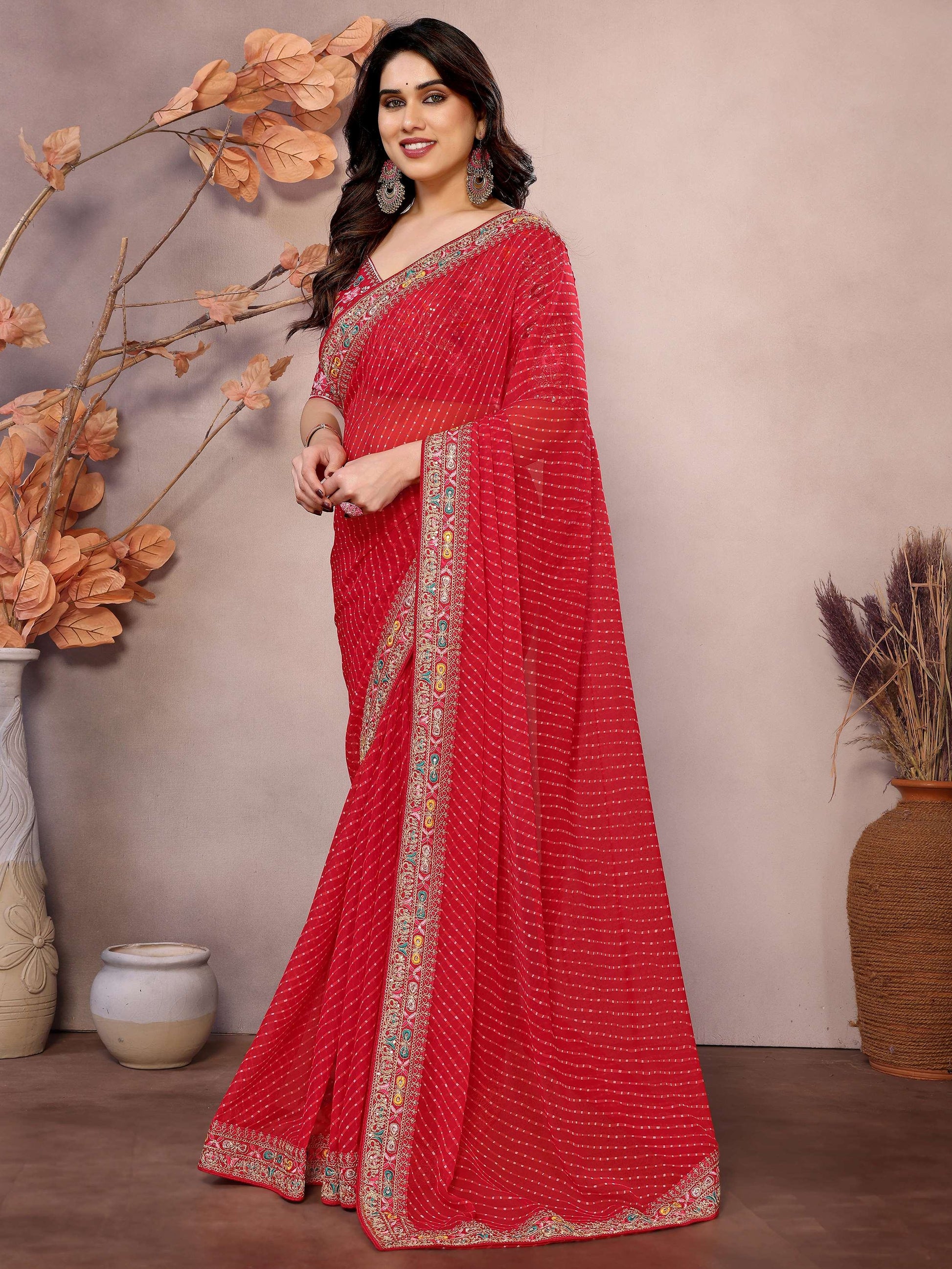 Majestic Red Zari Embroidery Georgette Wedding Wear Saree With Blouse - Zeel Clothing