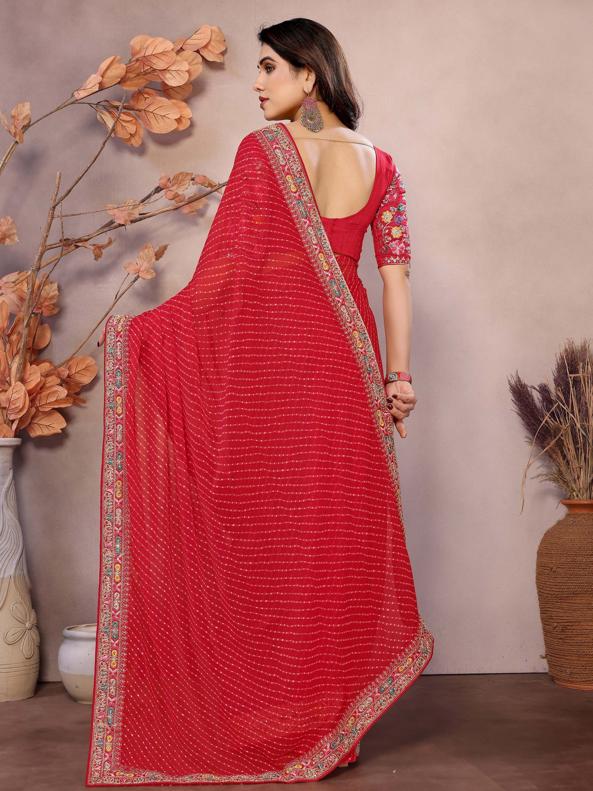 Majestic Red Zari Embroidery Georgette Wedding Wear Saree With Blouse - Zeel Clothing