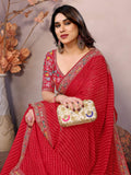 Majestic Red Zari Embroidery Georgette Wedding Wear Saree With Blouse - Zeel Clothing