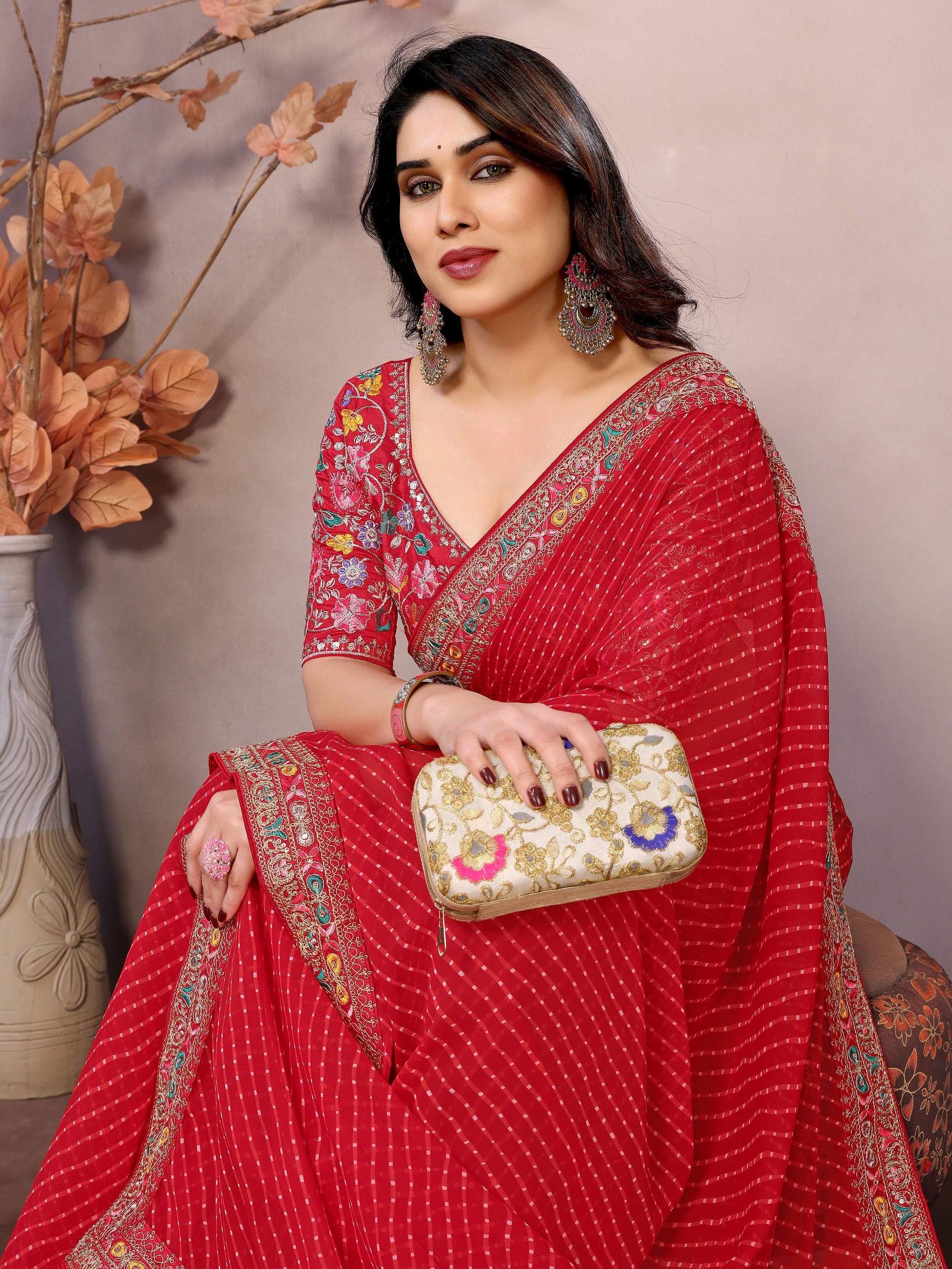 Majestic Red Zari Embroidery Georgette Wedding Wear Saree With Blouse - Zeel Clothing