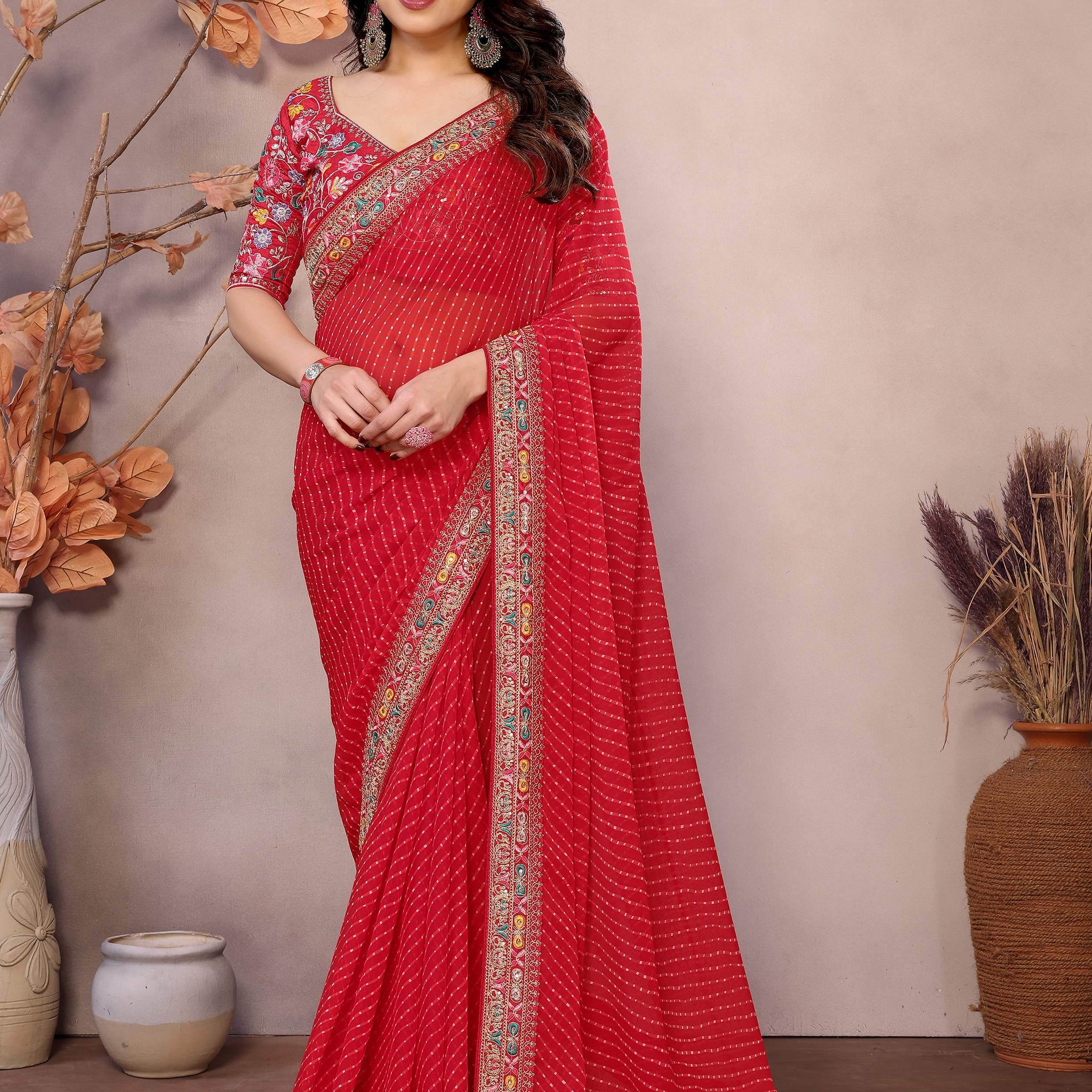 Majestic Red Zari Embroidery Georgette Wedding Wear Saree With Blouse - Zeel Clothing