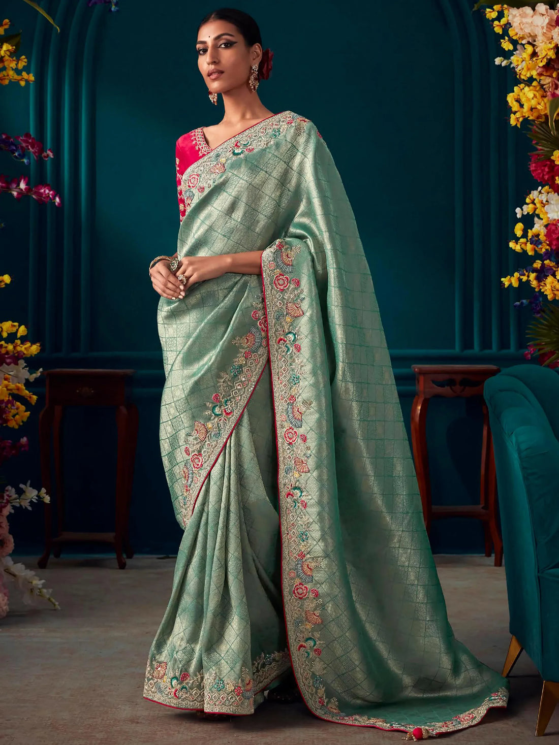 Majestic Sea Green Embroidered Kanjivaram Silk Reception Wear Saree - Zeel Clothing