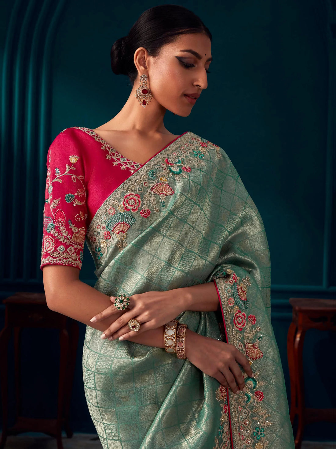 Majestic Sea Green Embroidered Kanjivaram Silk Reception Wear Saree - Zeel Clothing