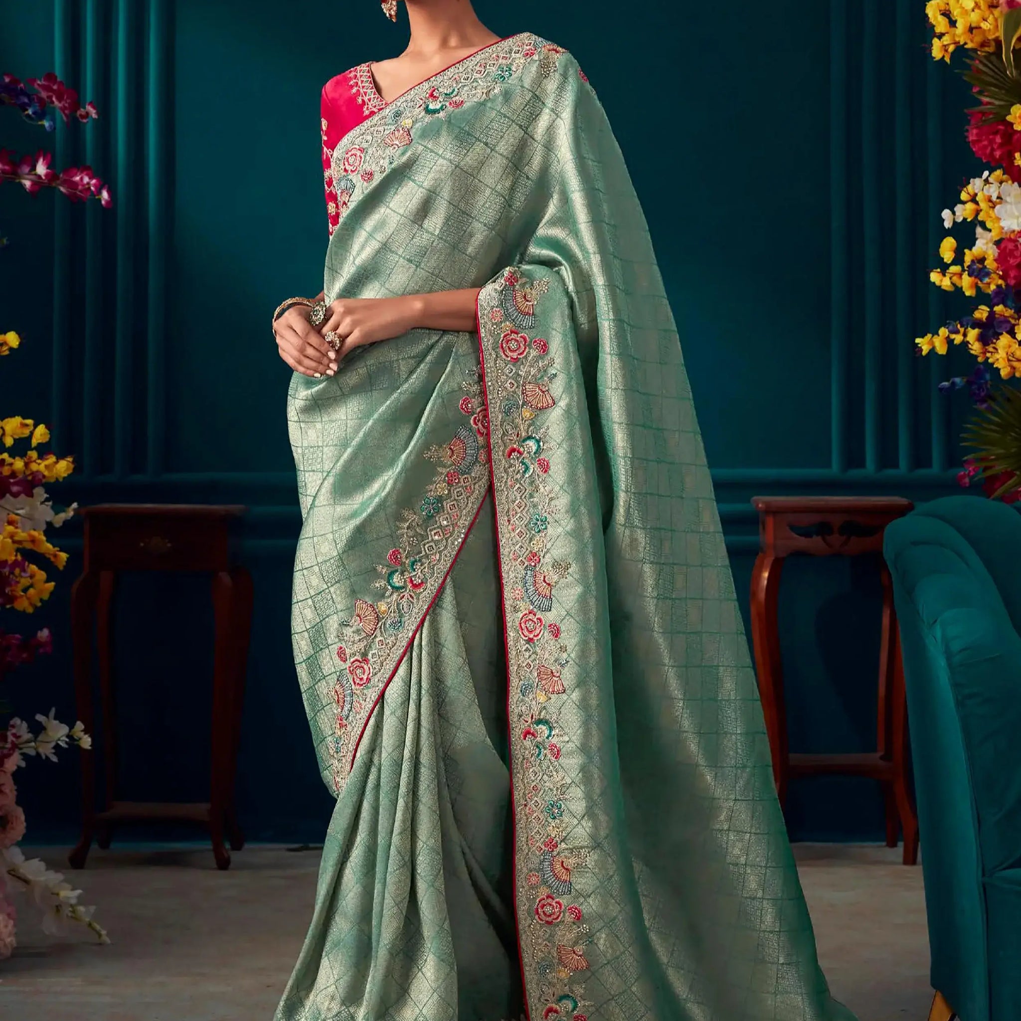 Majestic Sea Green Embroidered Kanjivaram Silk Reception Wear Saree - Zeel Clothing