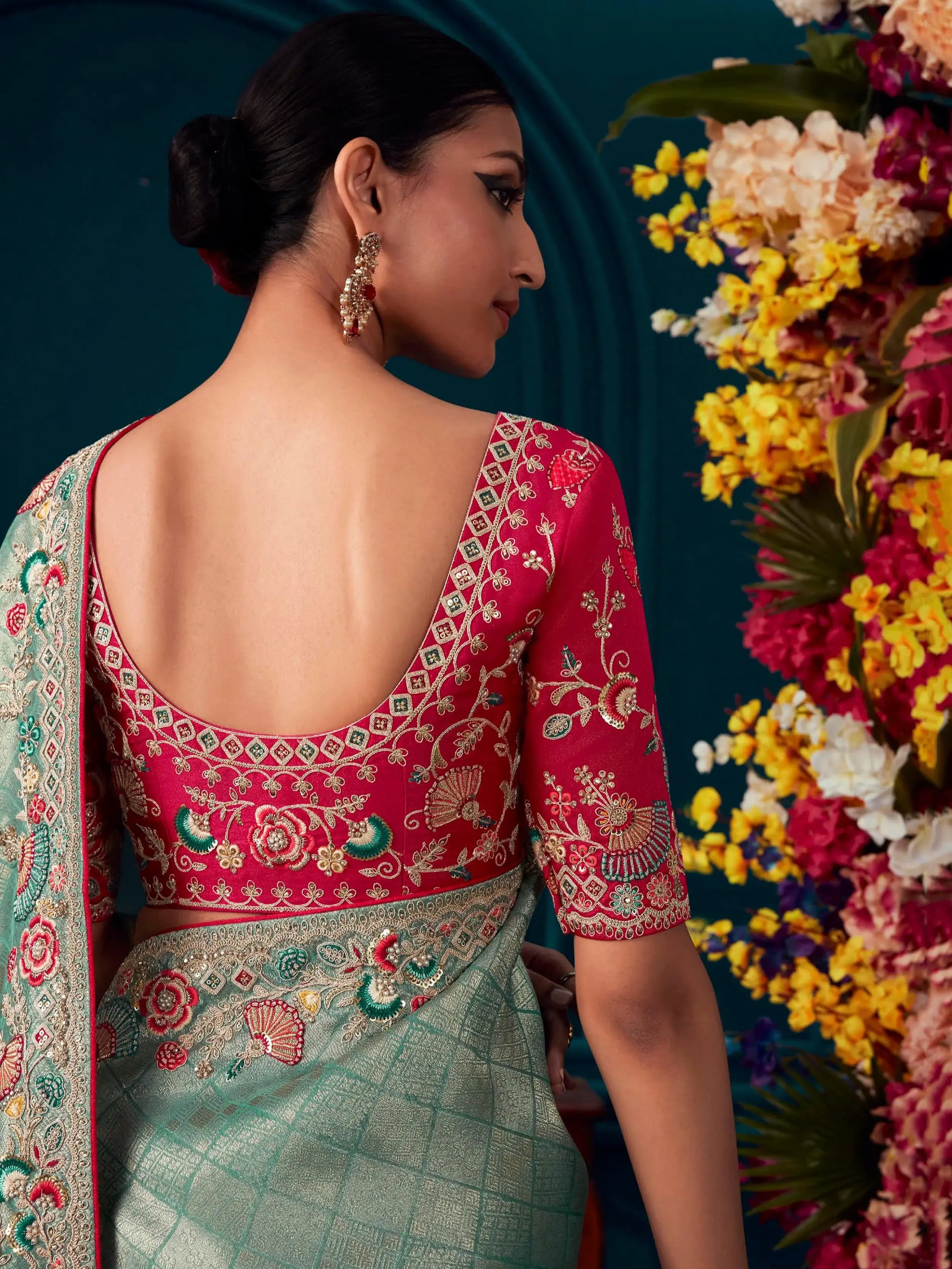 Majestic Sea Green Embroidered Kanjivaram Silk Reception Wear Saree - Zeel Clothing