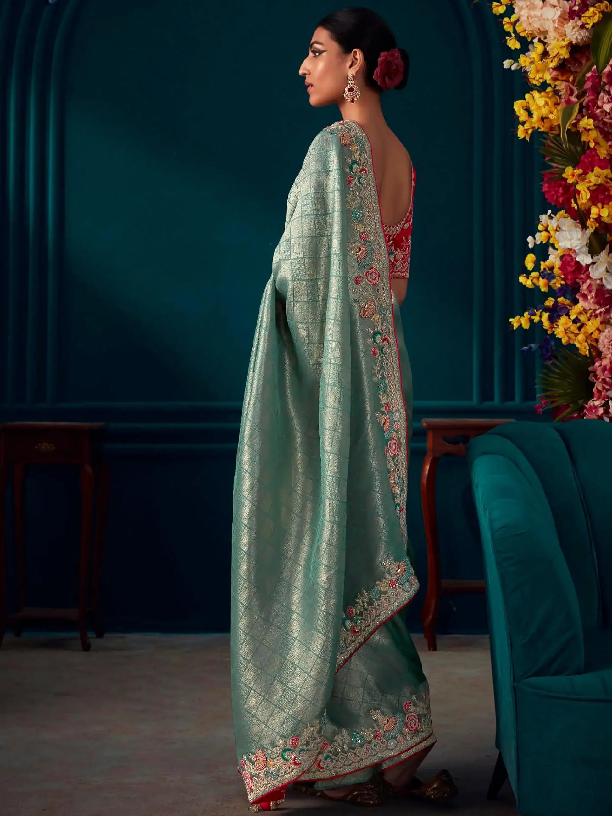 Majestic Sea Green Embroidered Kanjivaram Silk Reception Wear Saree - Zeel Clothing