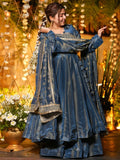 Majestic Teal Blue Chinon Wedding Wear Palazzo Suit With Sequins Dupatta