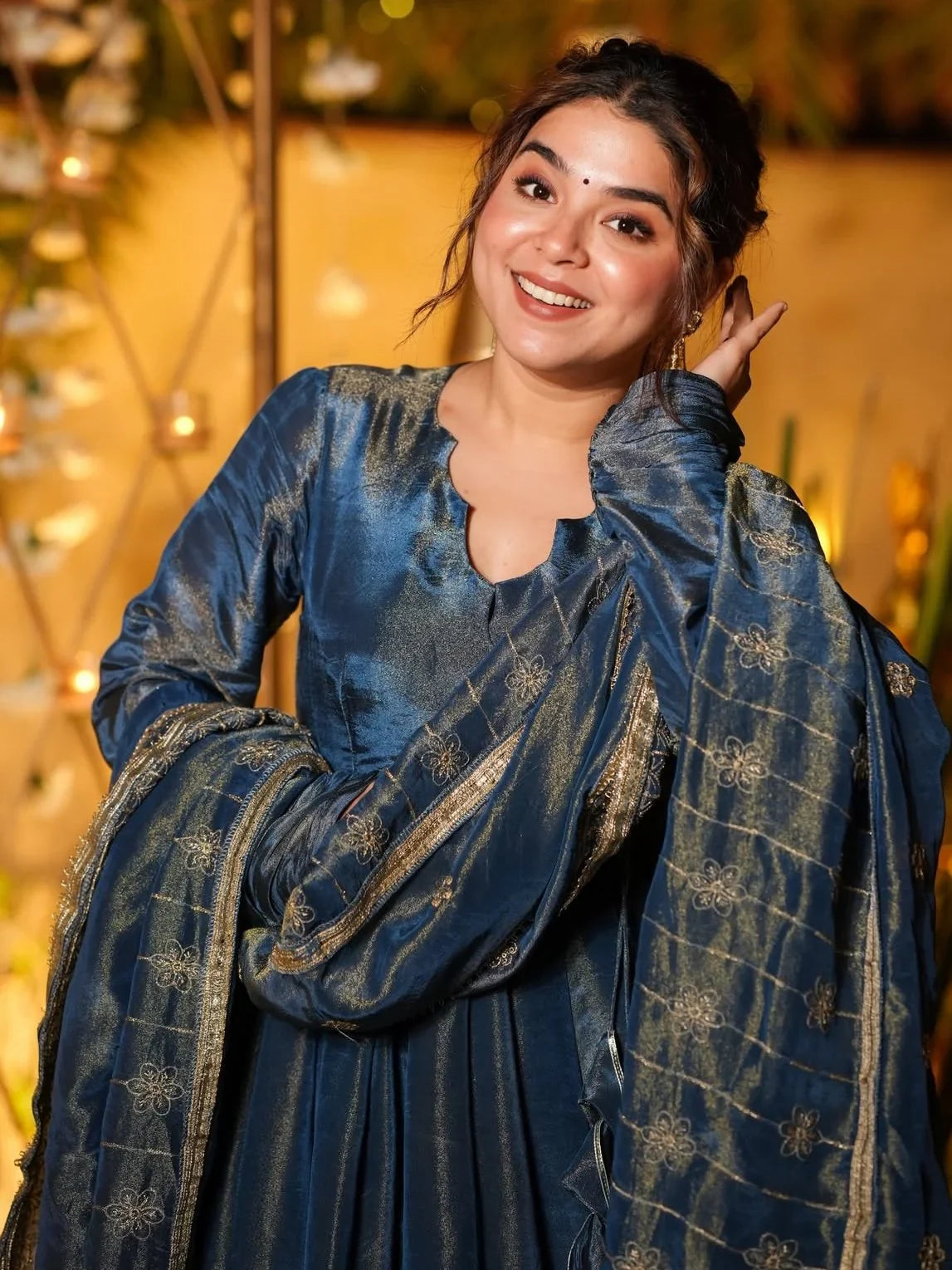 Majestic Teal Blue Chinon Wedding Wear Palazzo Suit With Sequins Dupatta