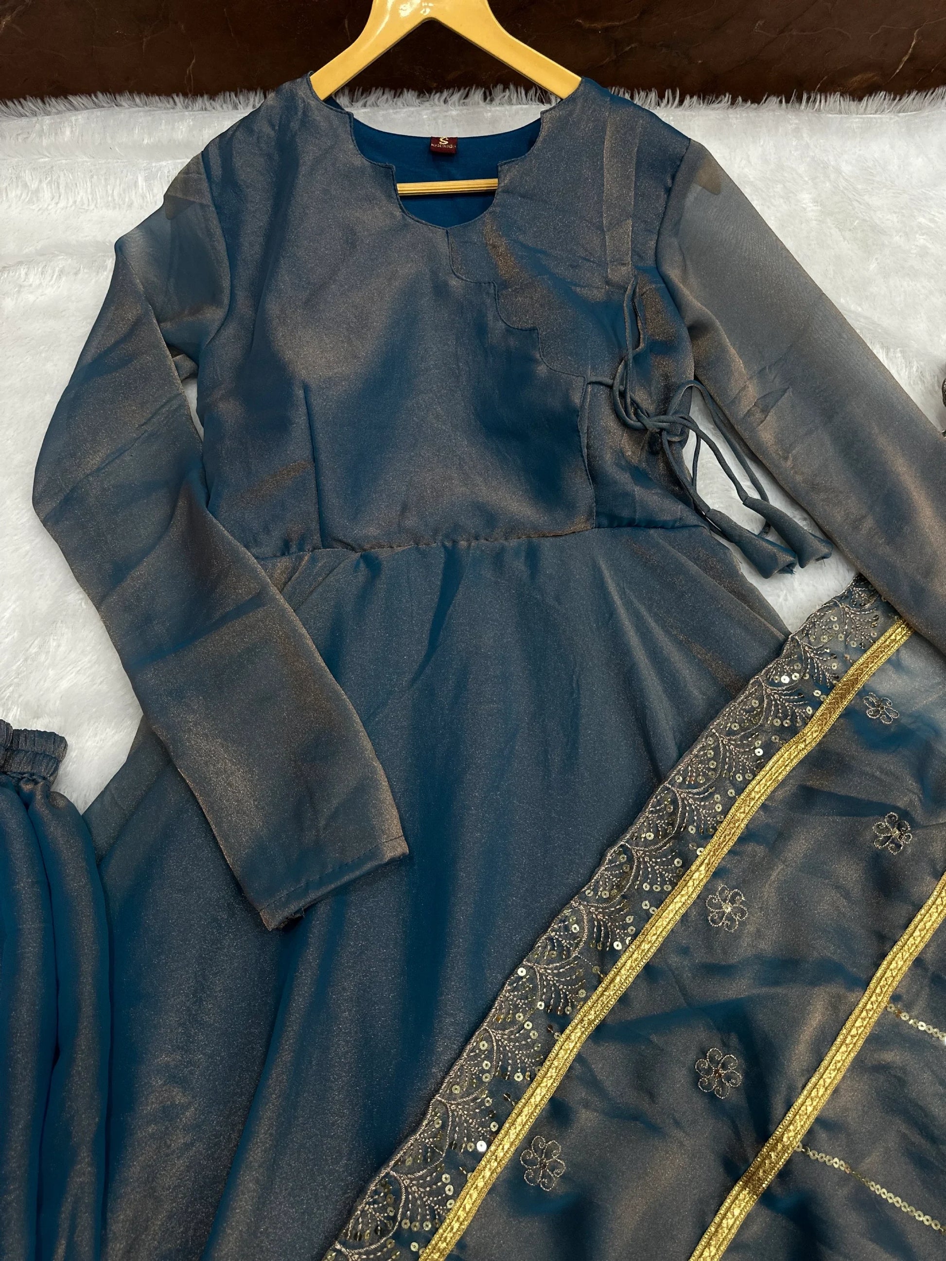 Majestic Teal Blue Chinon Wedding Wear Palazzo Suit With Sequins Dupatta