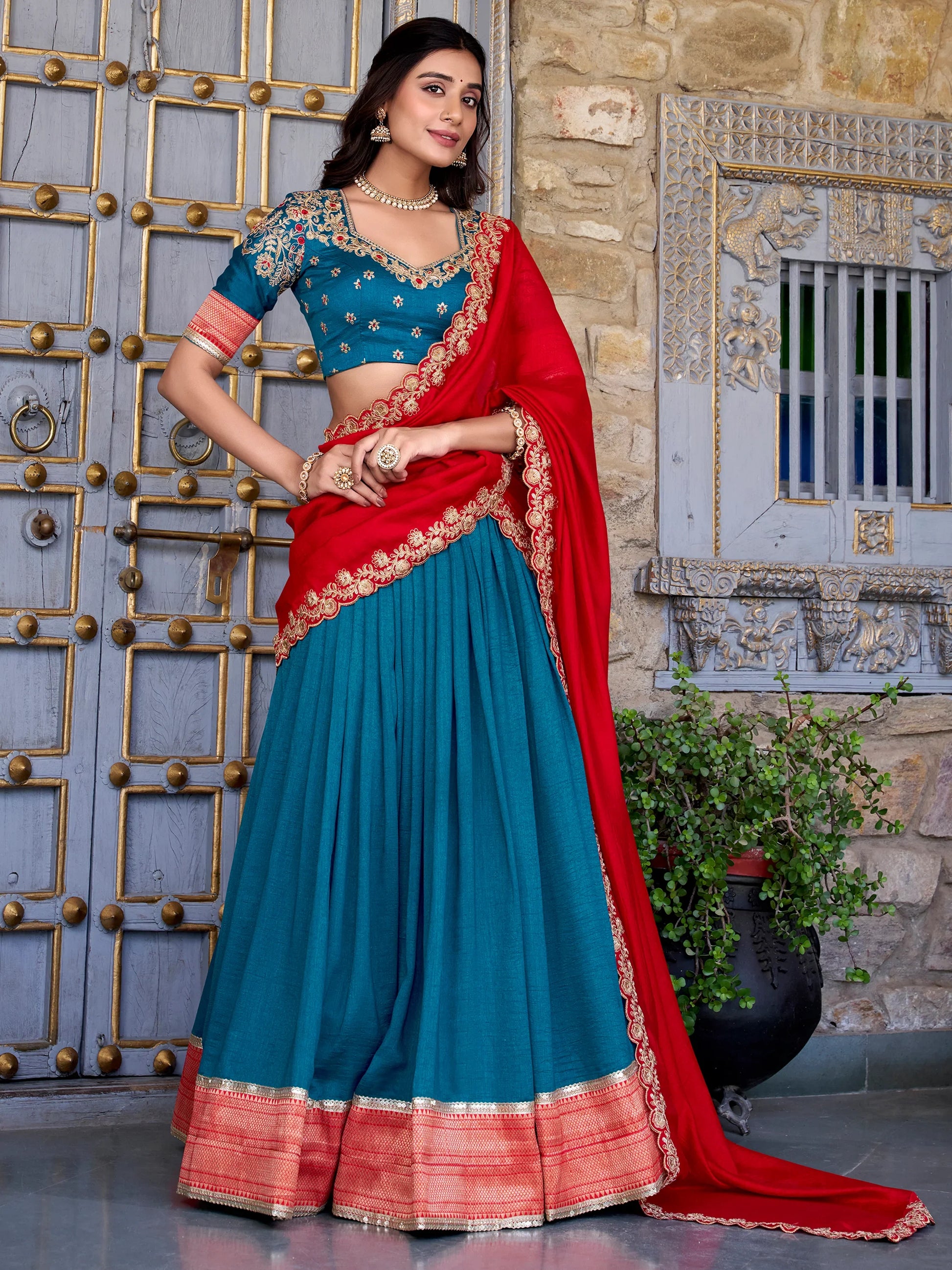 Majestic Teal Blue Zari Weaving Silk Festival Wear Half Saree Lehenga - Zeel Clothing