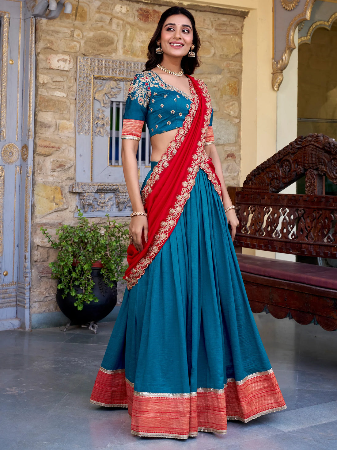 Majestic Teal Blue Zari Weaving Silk Festival Wear Half Saree Lehenga - Zeel Clothing