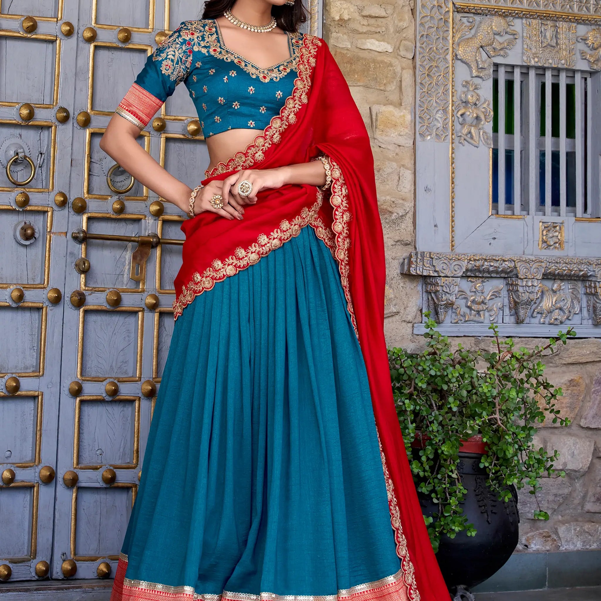Majestic Teal Blue Zari Weaving Silk Festival Wear Half Saree Lehenga - Zeel Clothing