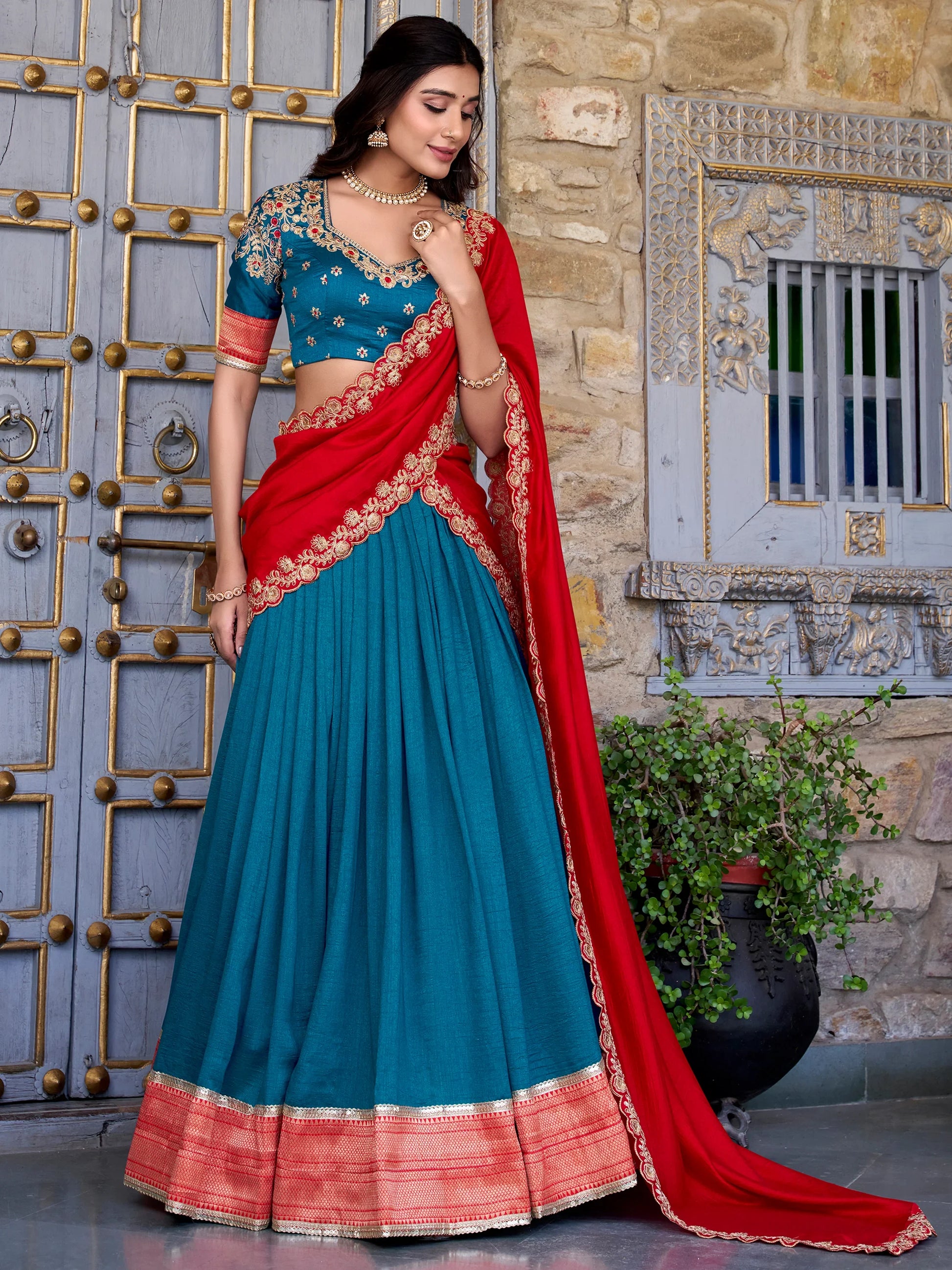 Majestic Teal Blue Zari Weaving Silk Festival Wear Half Saree Lehenga - Zeel Clothing