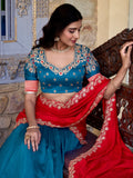 Majestic Teal Blue Zari Weaving Silk Festival Wear Half Saree Lehenga - Zeel Clothing