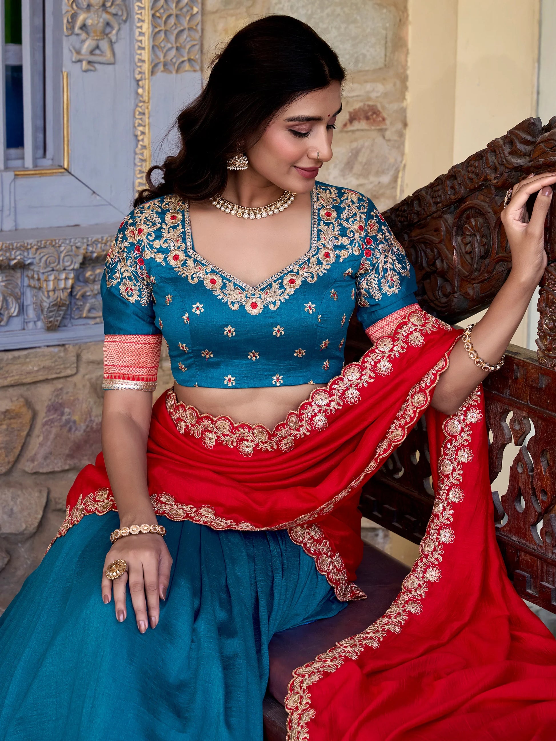 Majestic Teal Blue Zari Weaving Silk Festival Wear Half Saree Lehenga - Zeel Clothing