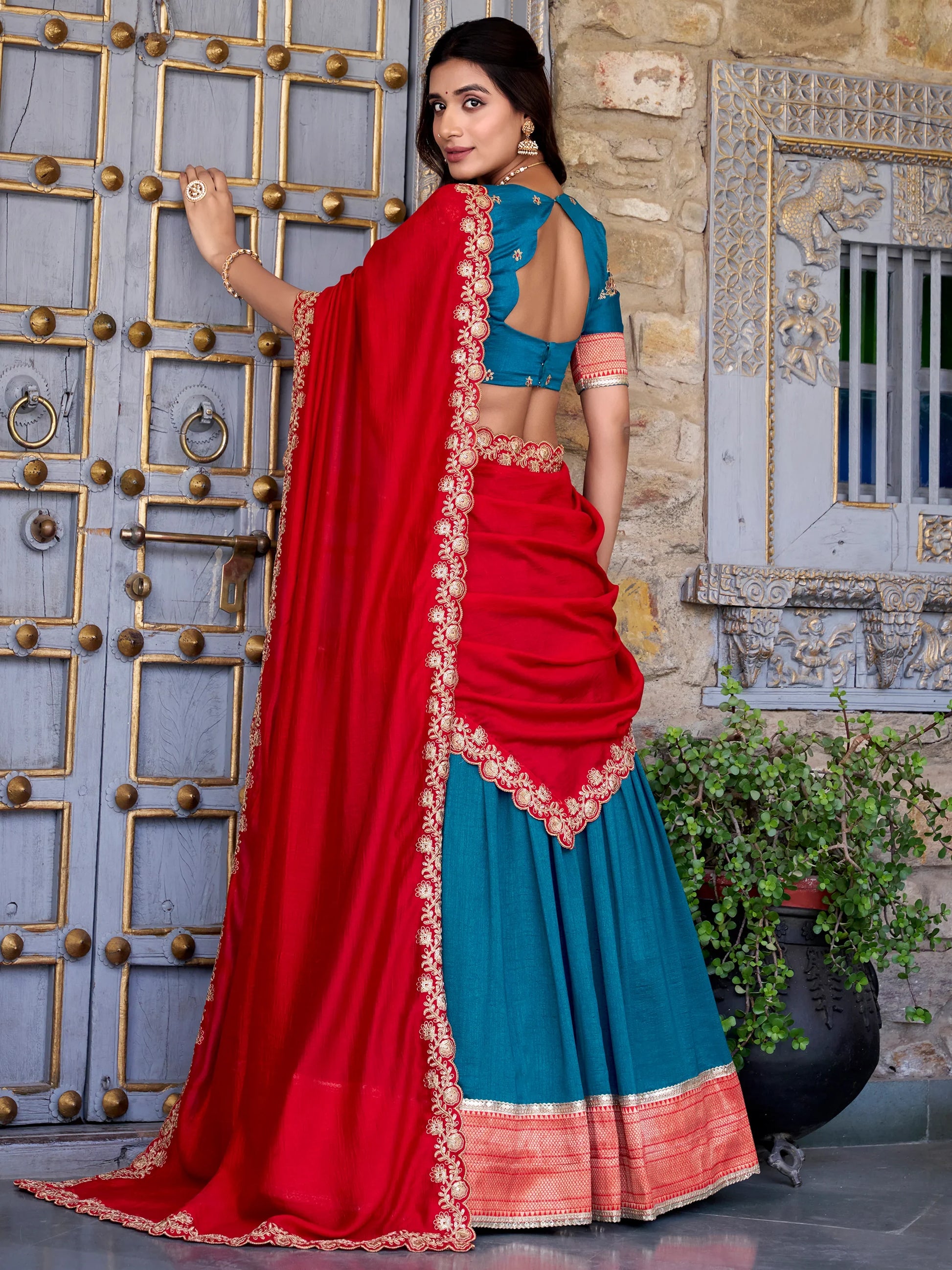Majestic Teal Blue Zari Weaving Silk Festival Wear Half Saree Lehenga - Zeel Clothing