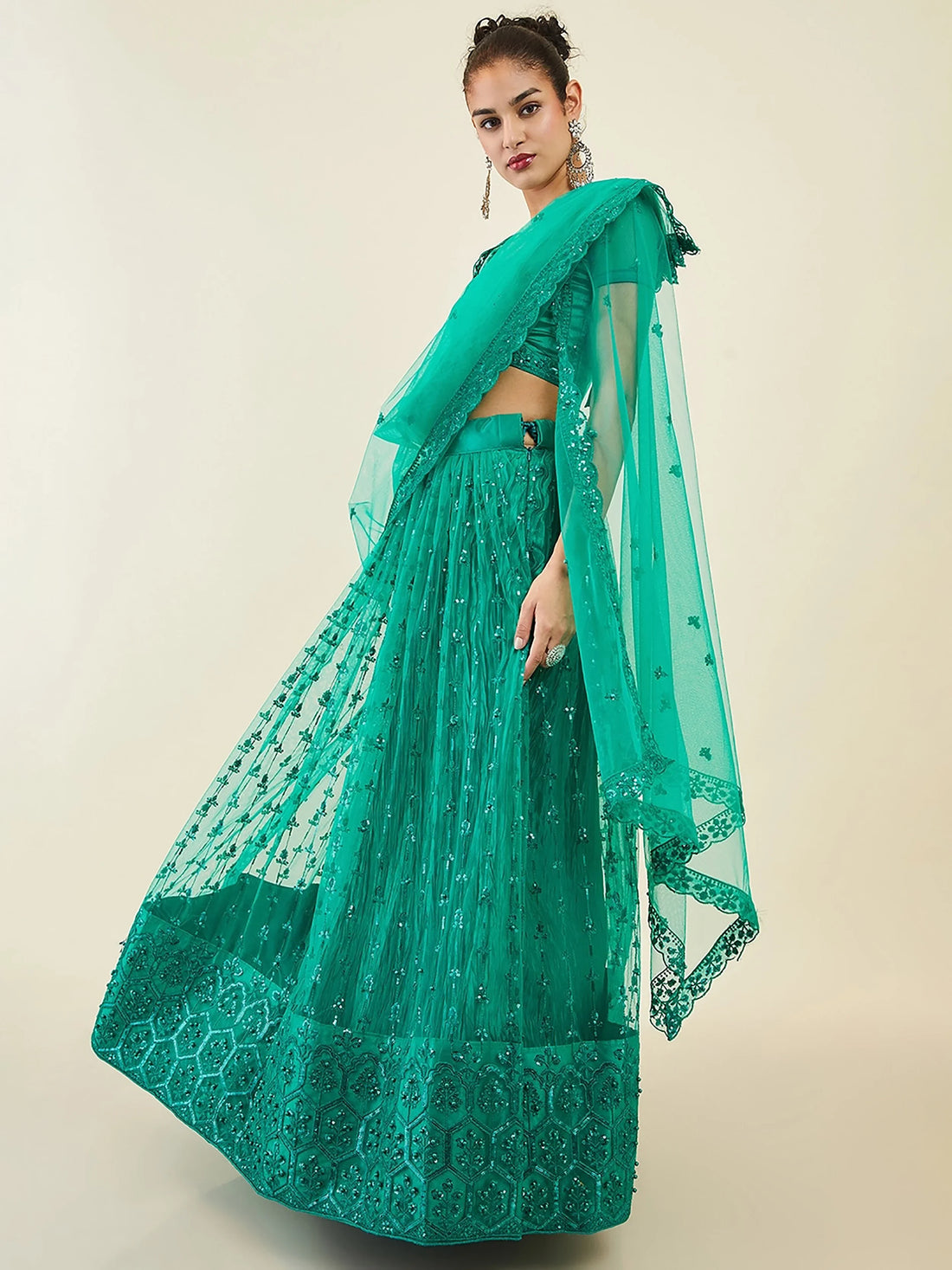 Majestic Teal Green Sequin Net Mehandi Wear Lehenga Choli With Dupatta - Zeel Clothing