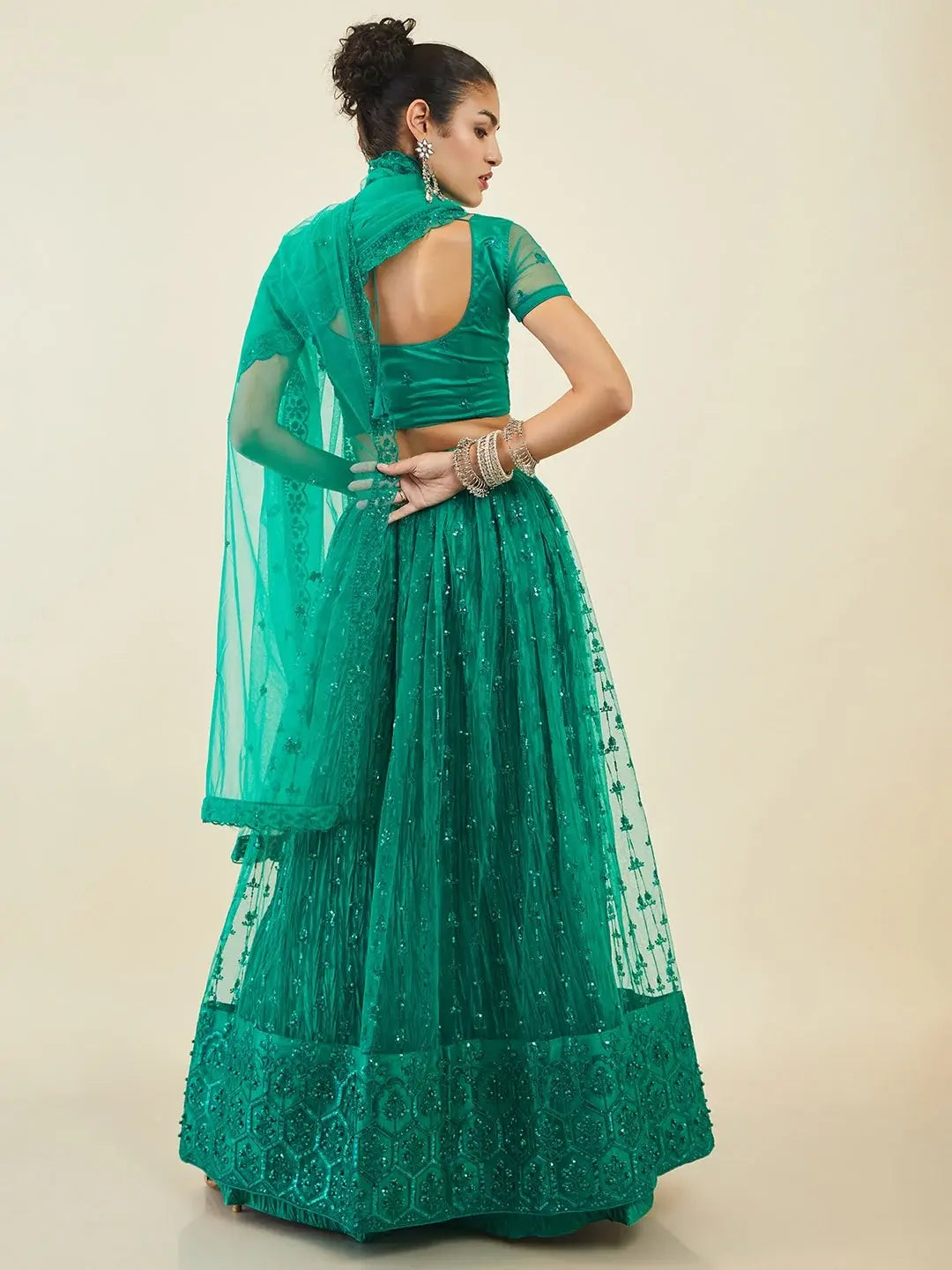 Majestic Teal Green Sequin Net Mehandi Wear Lehenga Choli With Dupatta - Zeel Clothing
