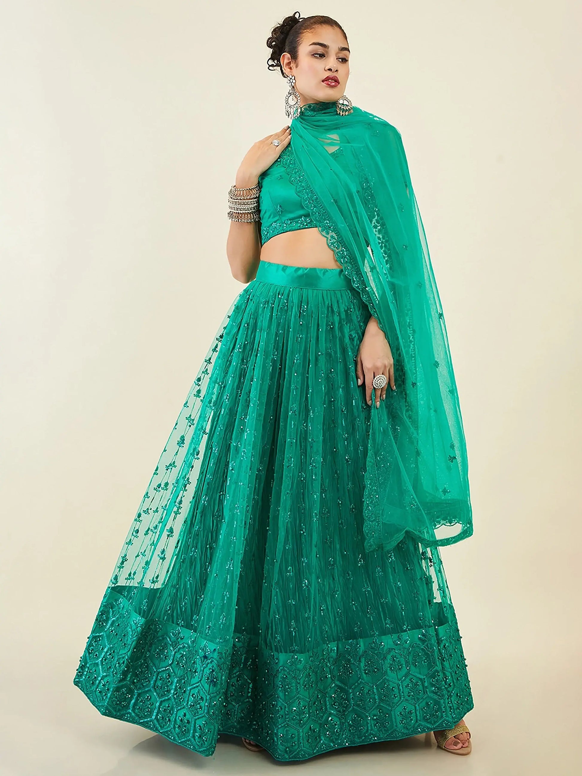 Majestic Teal Green Sequin Net Mehandi Wear Lehenga Choli With Dupatta - Zeel Clothing