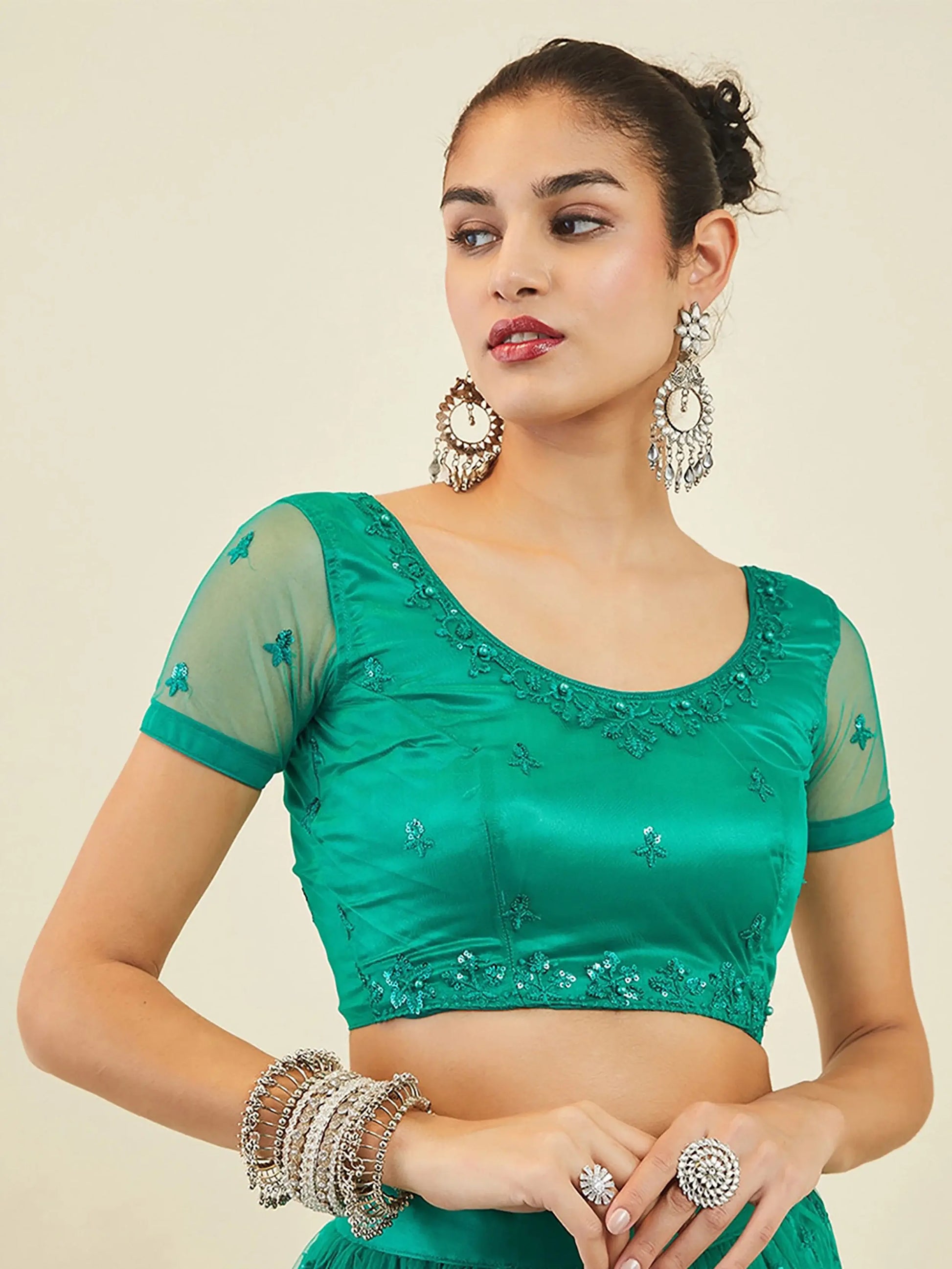 Majestic Teal Green Sequin Net Mehandi Wear Lehenga Choli With Dupatta - Zeel Clothing