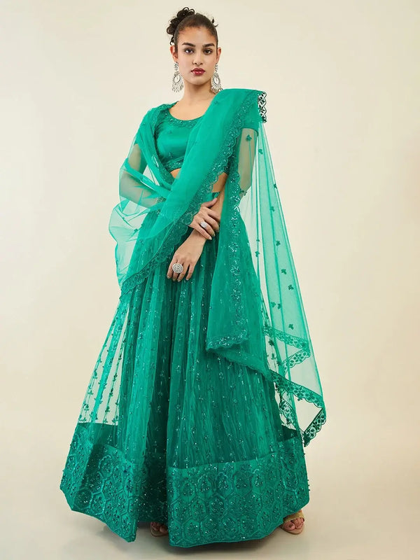 Majestic Teal Green Sequin Net Mehandi Wear Lehenga Choli With Dupatta - Zeel Clothing