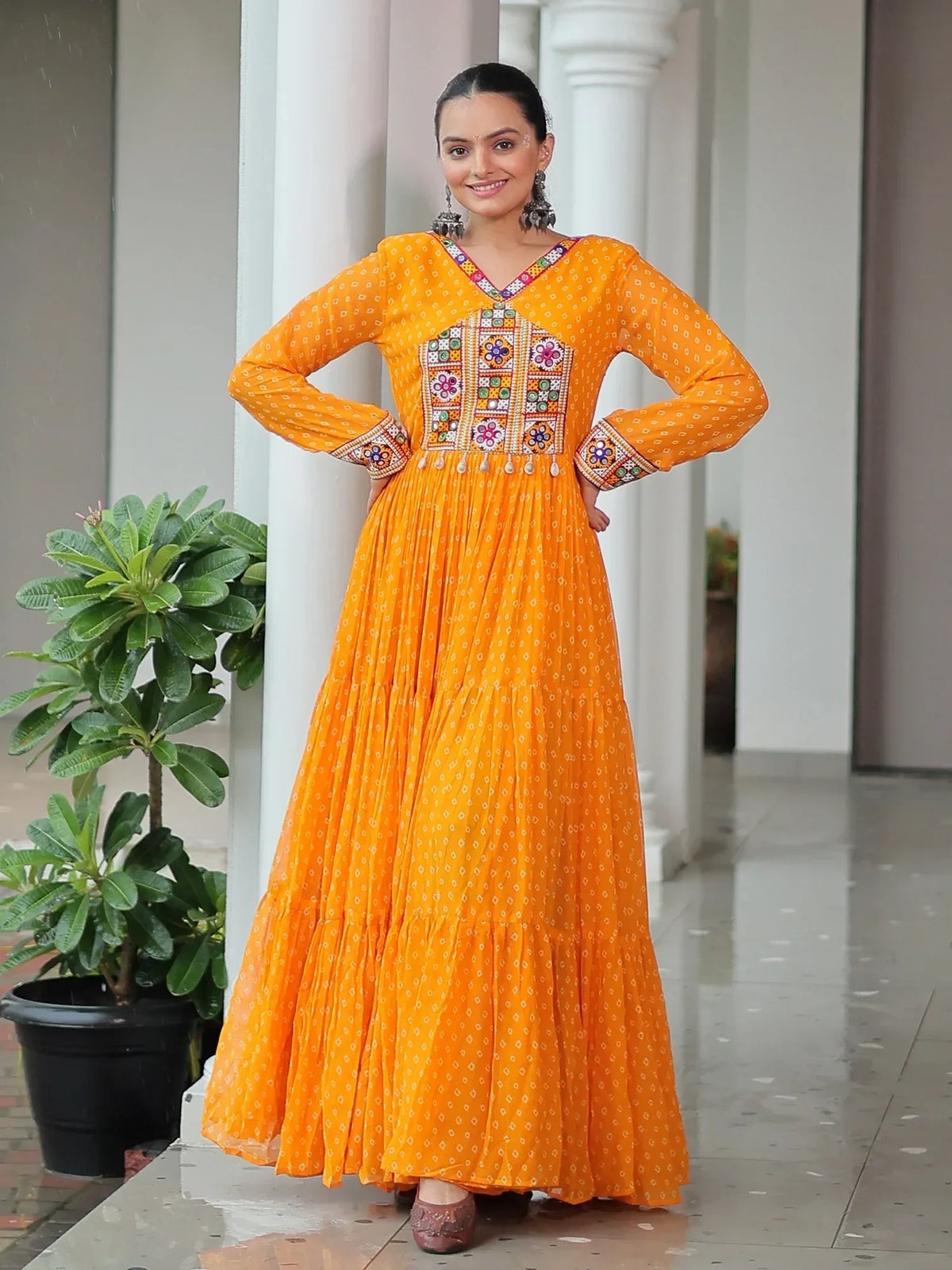 Majestic Yellow Bandhani Print Georgette Navratri Wear Gown - Zeel Clothing