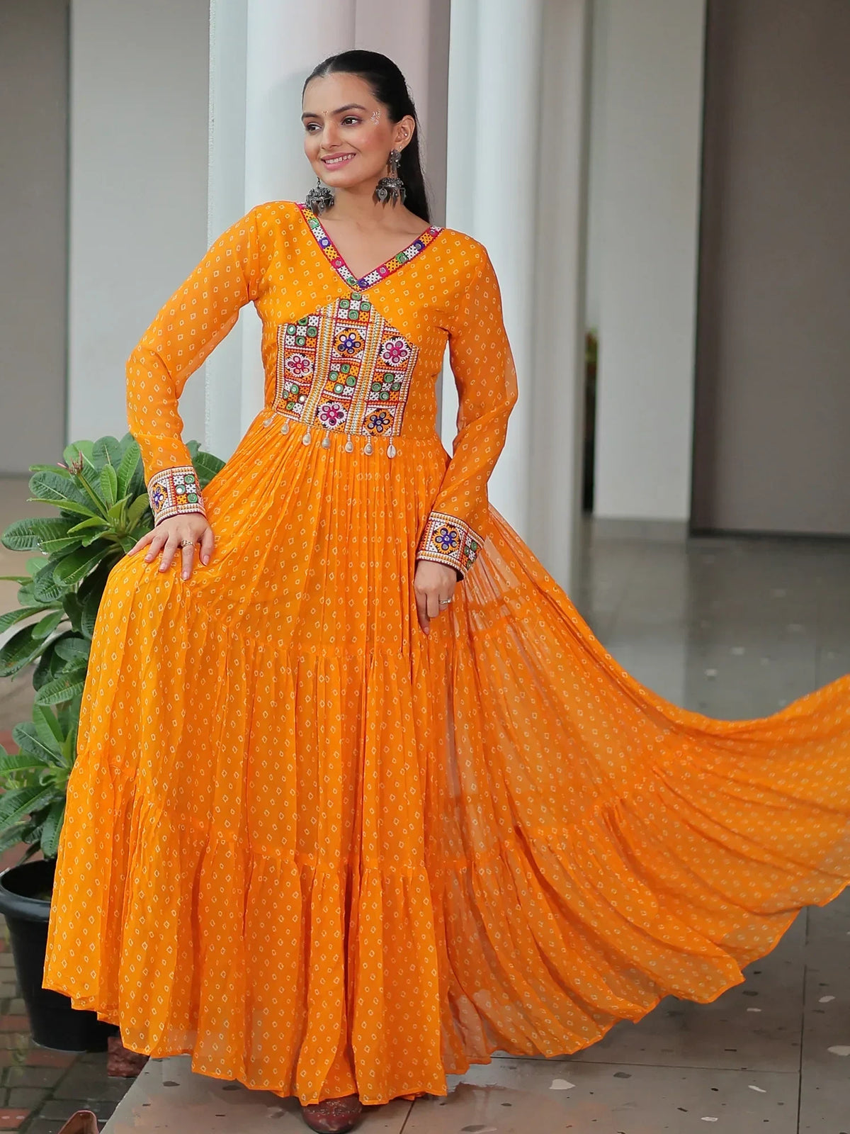 Majestic Yellow Bandhani Print Georgette Navratri Wear Gown - Zeel Clothing