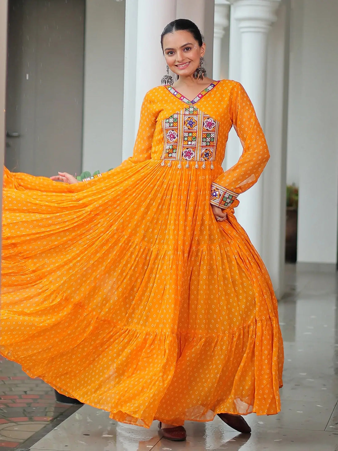 Majestic Yellow Bandhani Print Georgette Navratri Wear Gown - Zeel Clothing