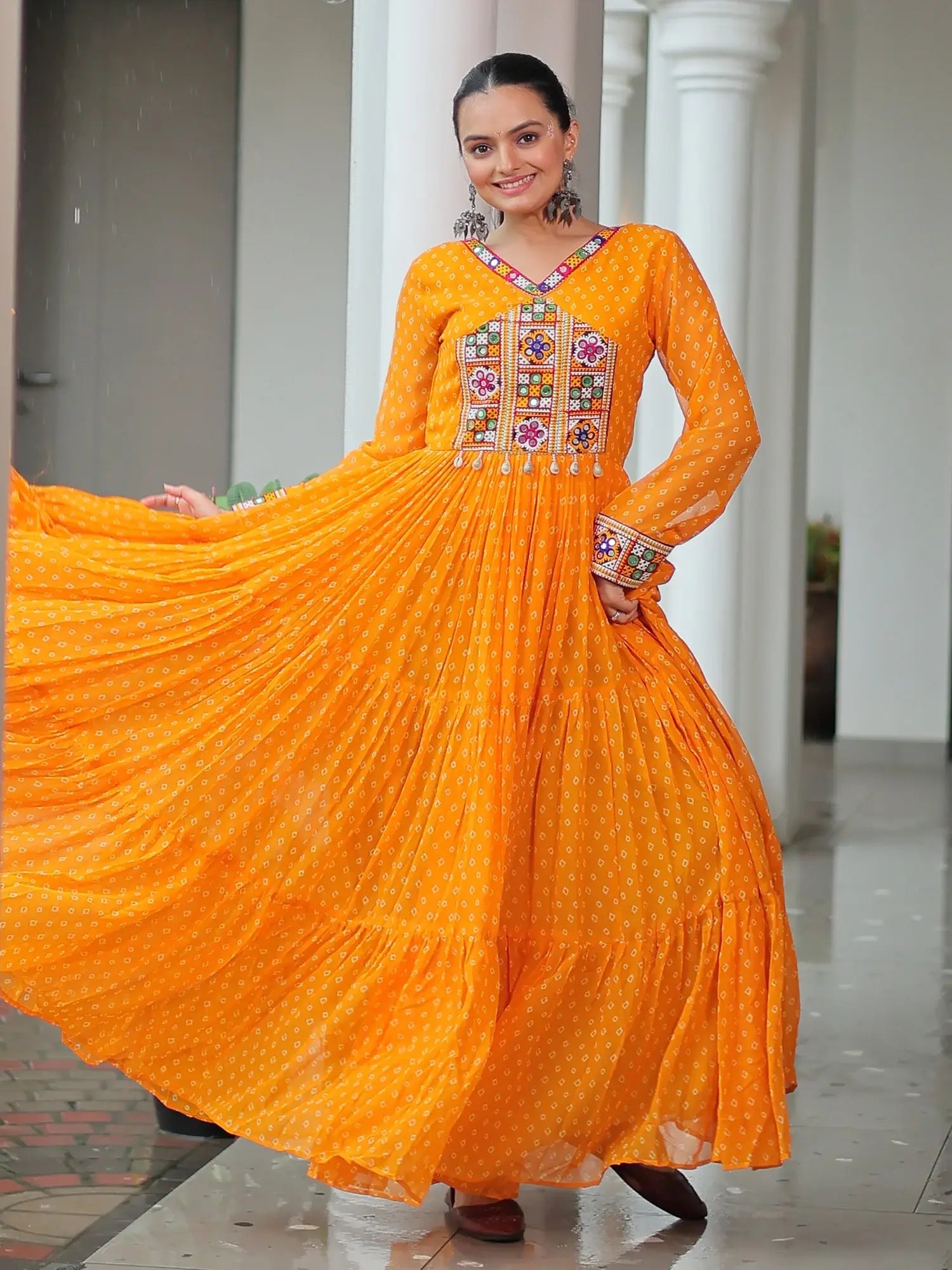 Majestic Yellow Bandhani Print Georgette Navratri Wear Gown - Zeel Clothing