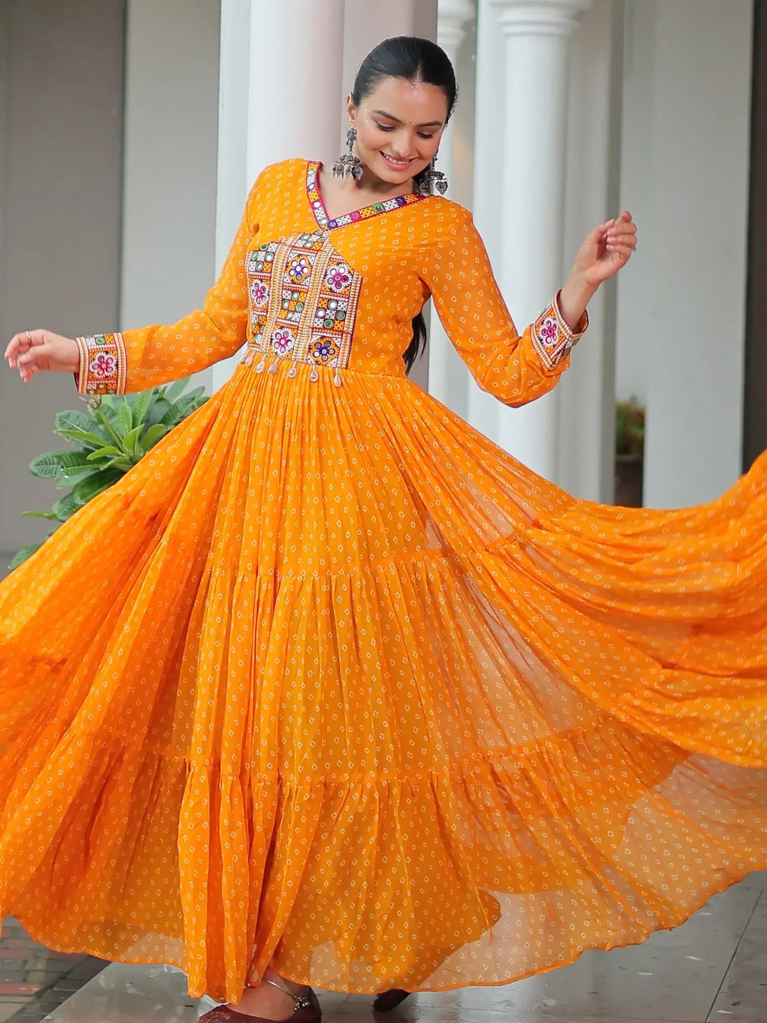 Majestic Yellow Bandhani Print Georgette Navratri Wear Gown - Zeel Clothing