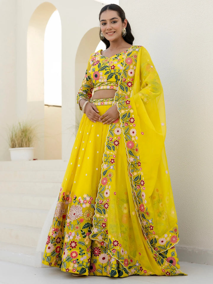 Majestic Yellow Floral Embroidered Organza Sangeet Wear Lehenga Choli - Zeel Clothing