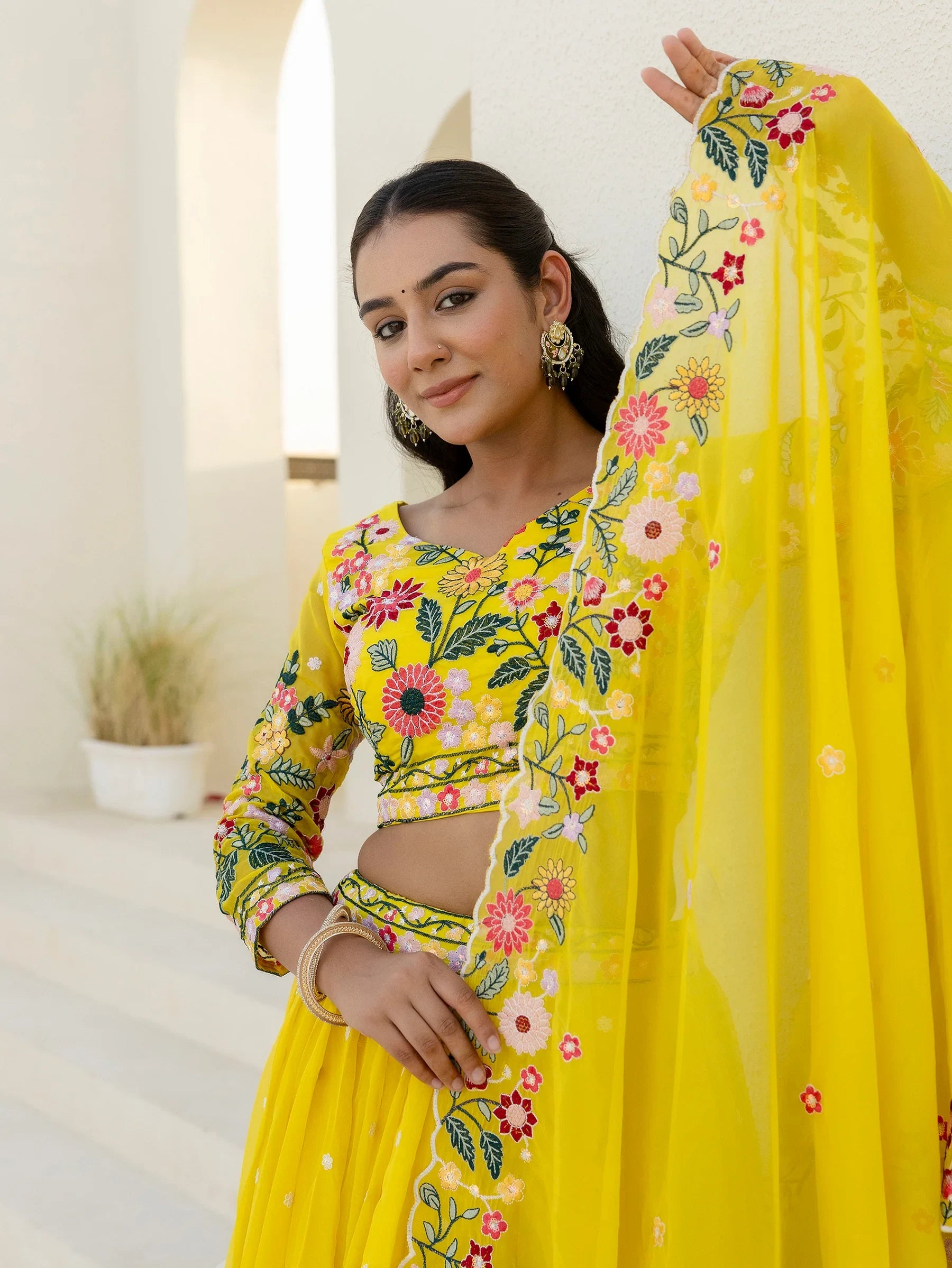 Majestic Yellow Floral Embroidered Organza Sangeet Wear Lehenga Choli - Zeel Clothing