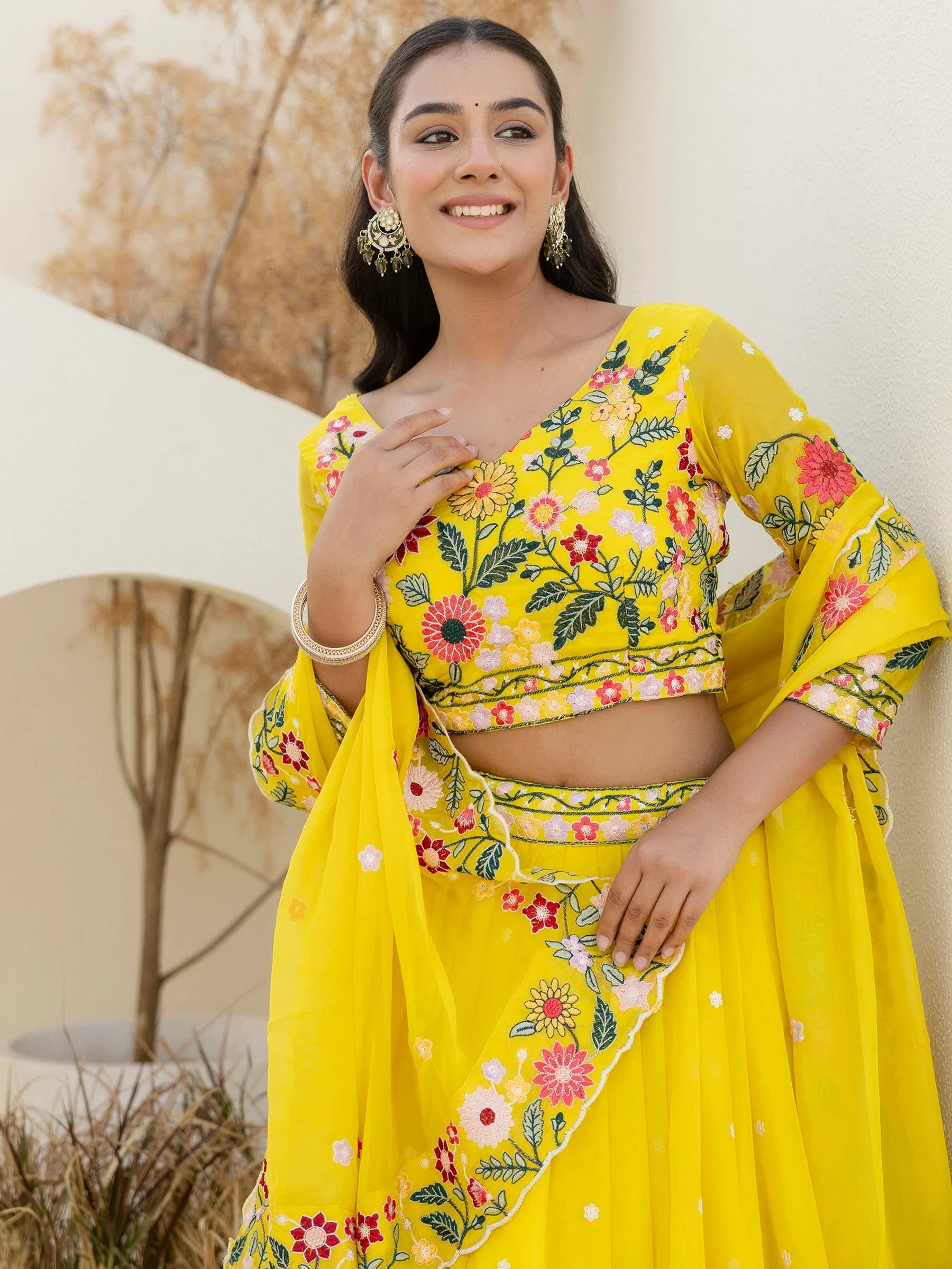 Majestic Yellow Floral Embroidered Organza Sangeet Wear Lehenga Choli - Zeel Clothing