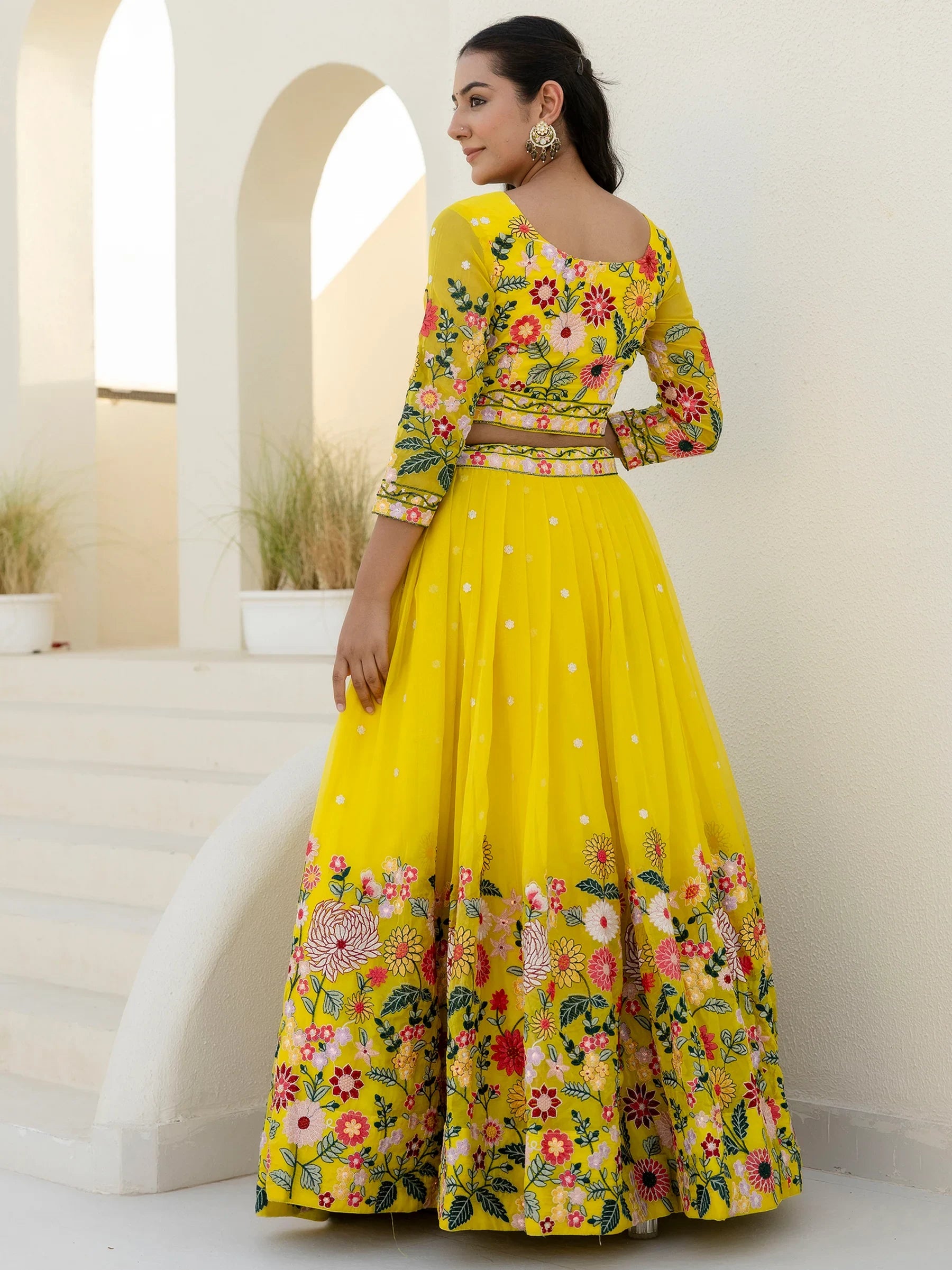 Majestic Yellow Floral Embroidered Organza Sangeet Wear Lehenga Choli - Zeel Clothing