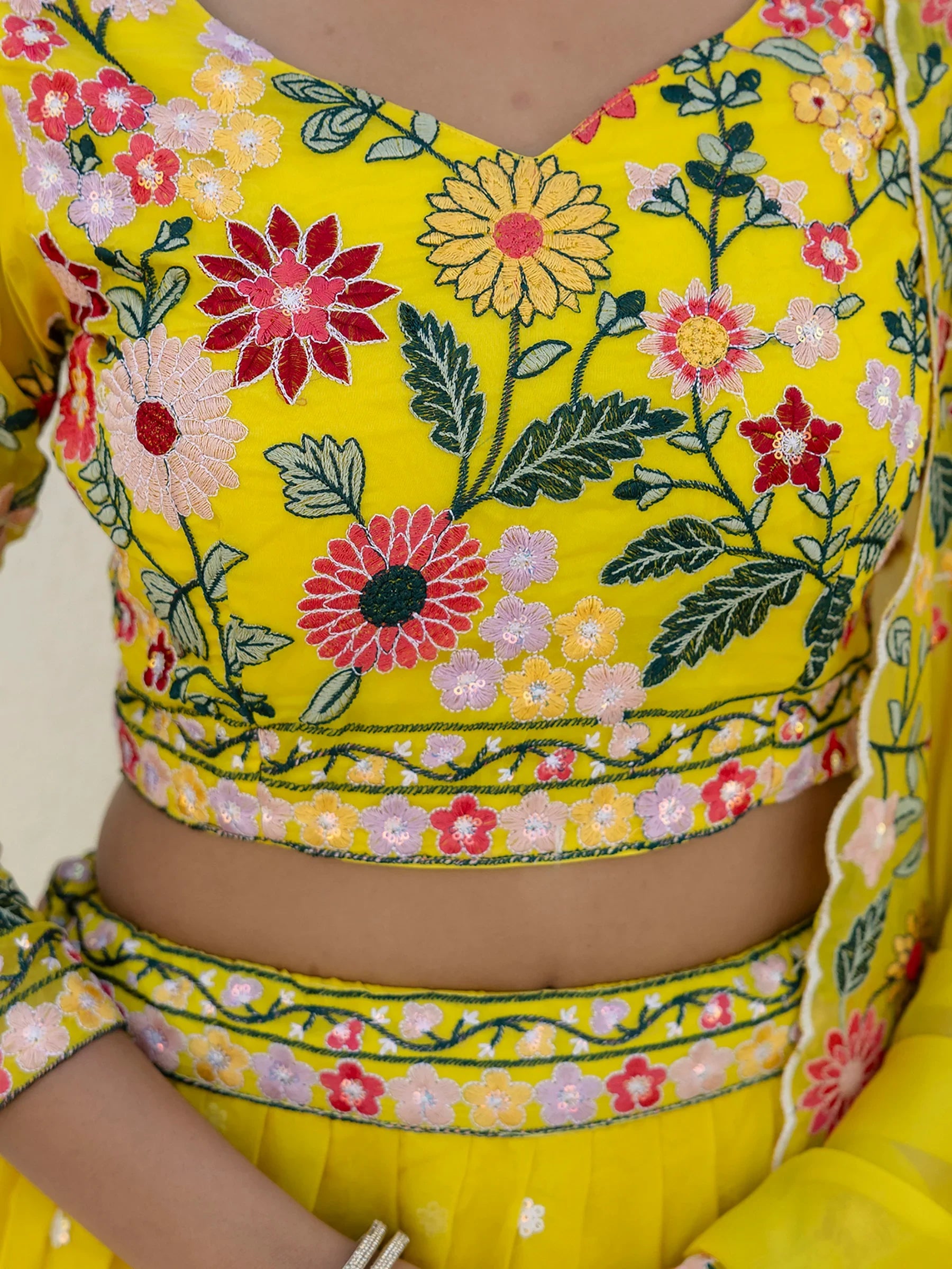 Majestic Yellow Floral Embroidered Organza Sangeet Wear Lehenga Choli - Zeel Clothing