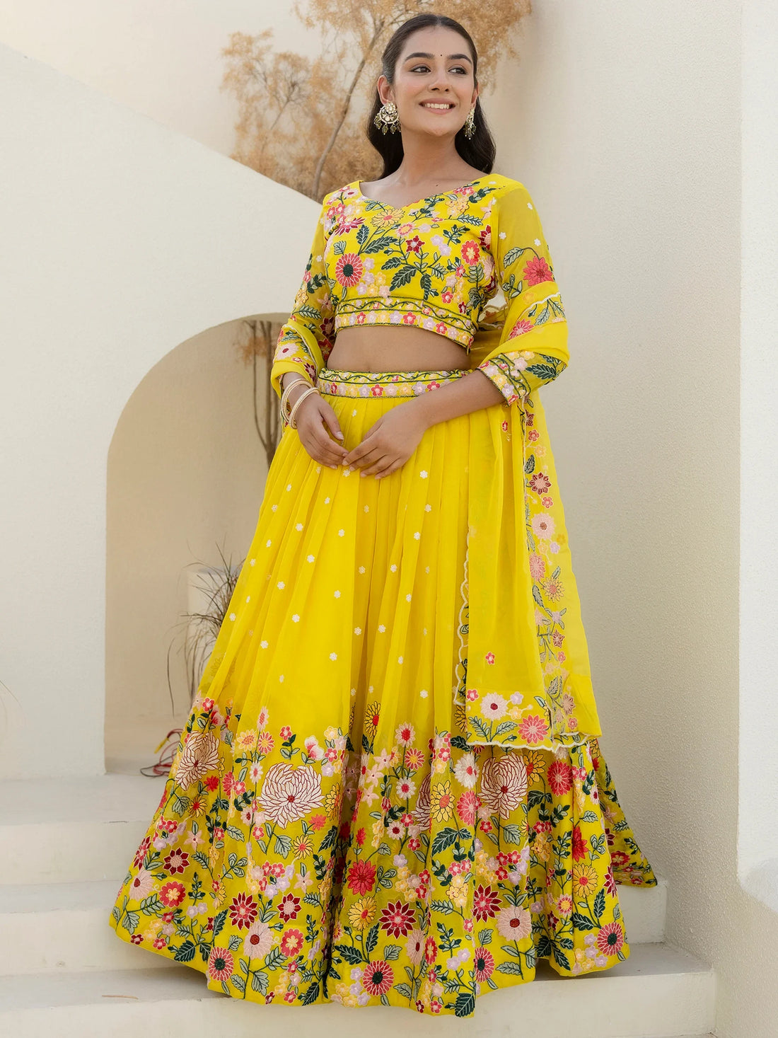 Majestic Yellow Floral Embroidered Organza Sangeet Wear Lehenga Choli - Zeel Clothing