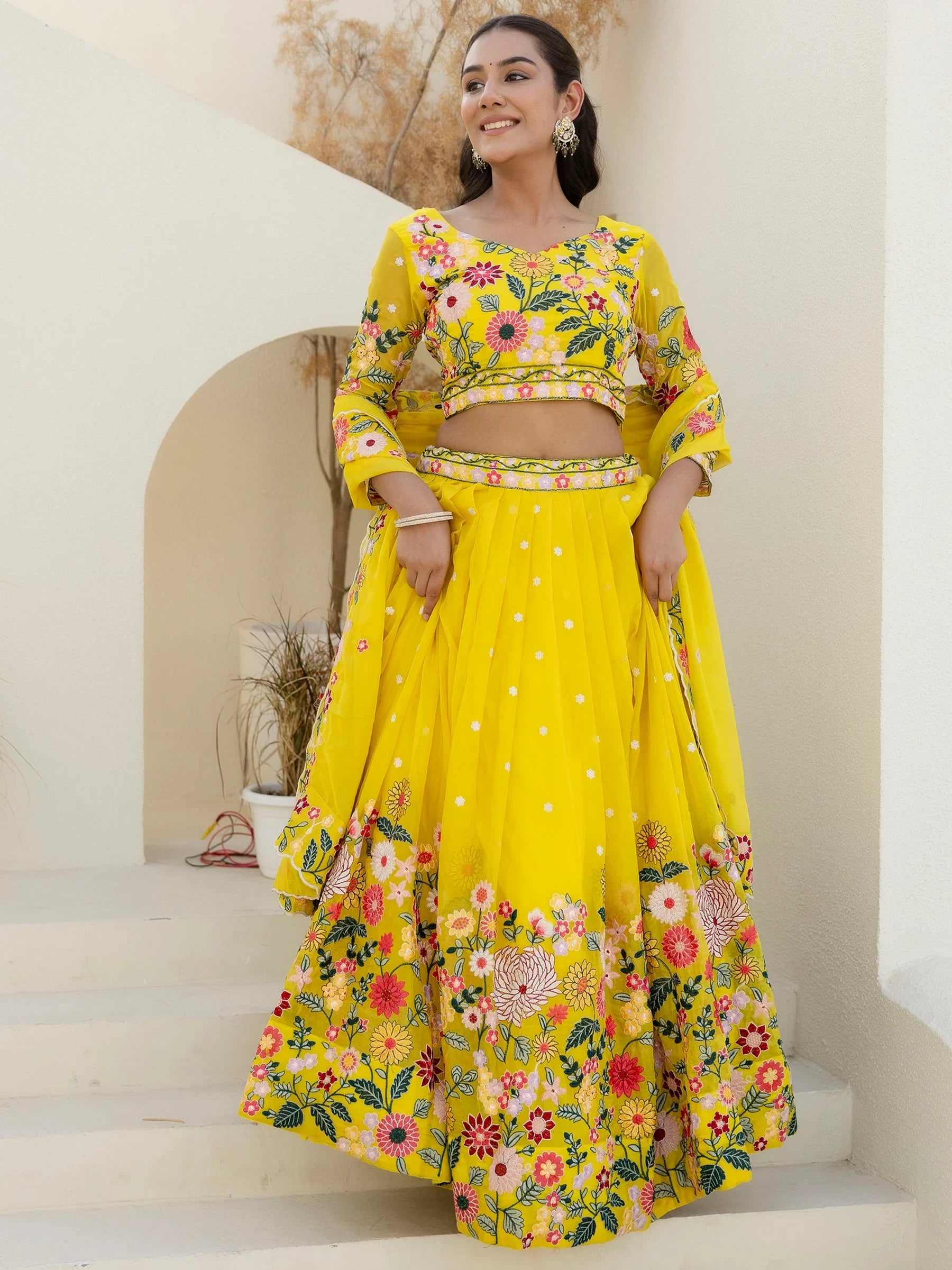 Majestic Yellow Floral Embroidered Organza Sangeet Wear Lehenga Choli - Zeel Clothing