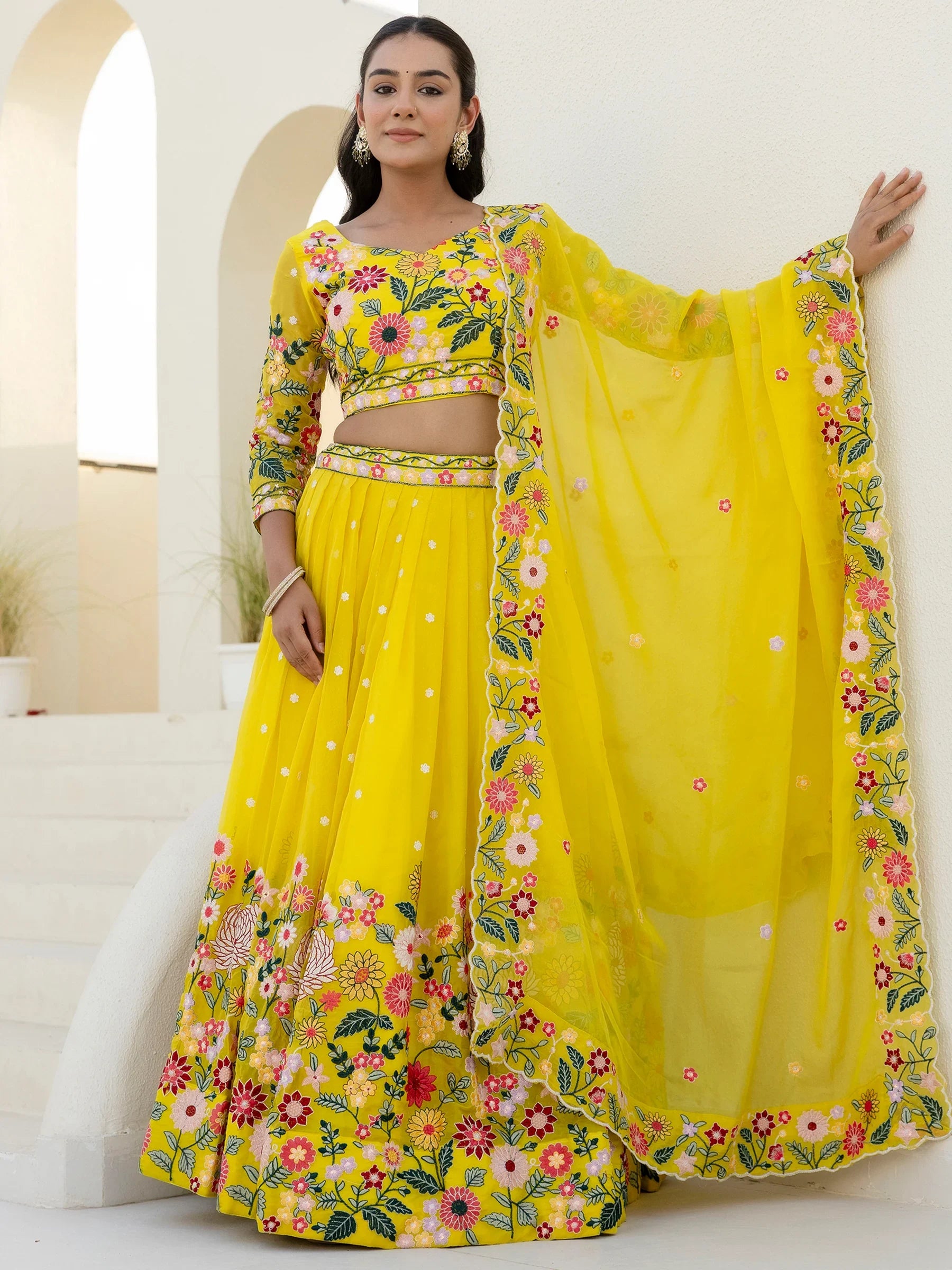 Majestic Yellow Floral Embroidered Organza Sangeet Wear Lehenga Choli - Zeel Clothing