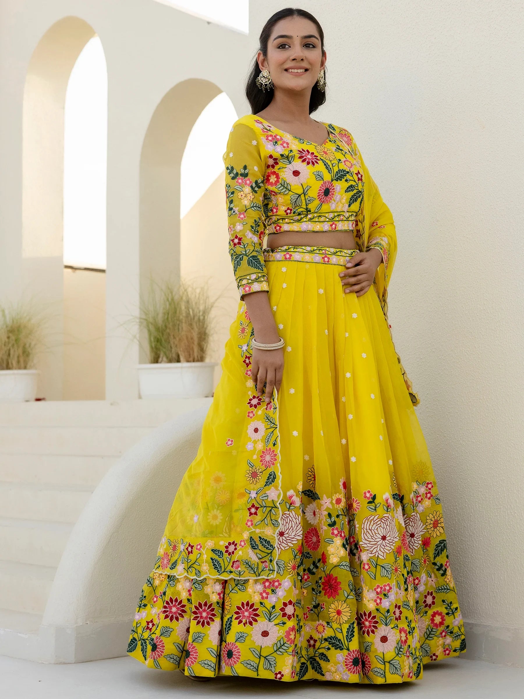 Majestic Yellow Floral Embroidered Organza Sangeet Wear Lehenga Choli - Zeel Clothing