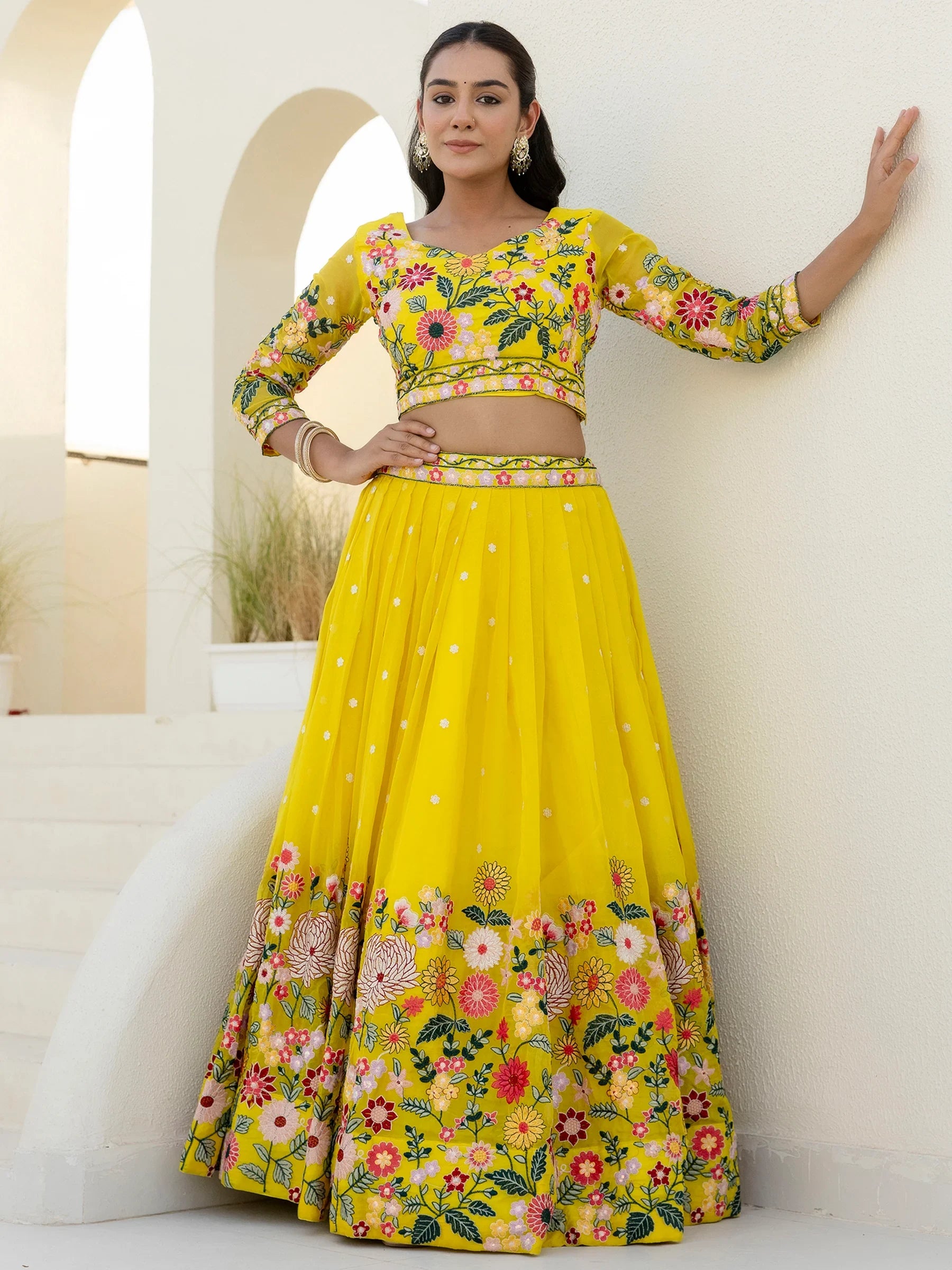 Majestic Yellow Floral Embroidered Organza Sangeet Wear Lehenga Choli - Zeel Clothing